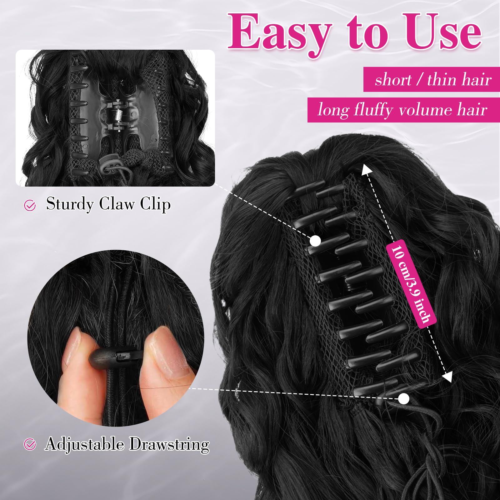 FESHFEN Coletas Postizas Rizado con Pinza - Coleta Postiza Pelo Negro Natural Ondulado Larga Ponytail Clip de Extensiones de Cabello Sintético Cola Postizos para Mujeres, 65 cm