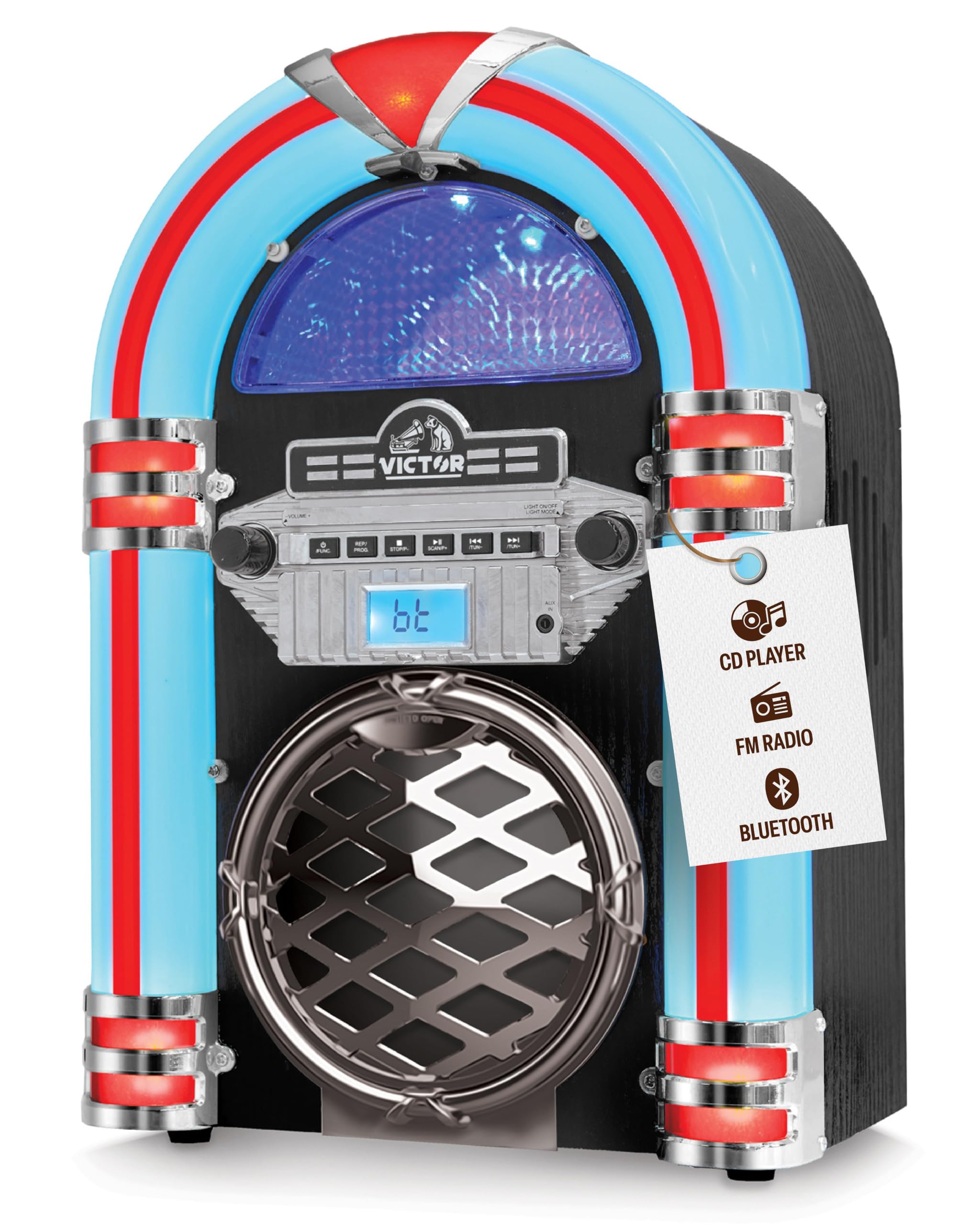 VICTOR Broadway Desktop CD Bluetooth® Jukebox mit mehrfarbiger LED-Beleuchtung, Schwarz (VDTJ-1550-BK)