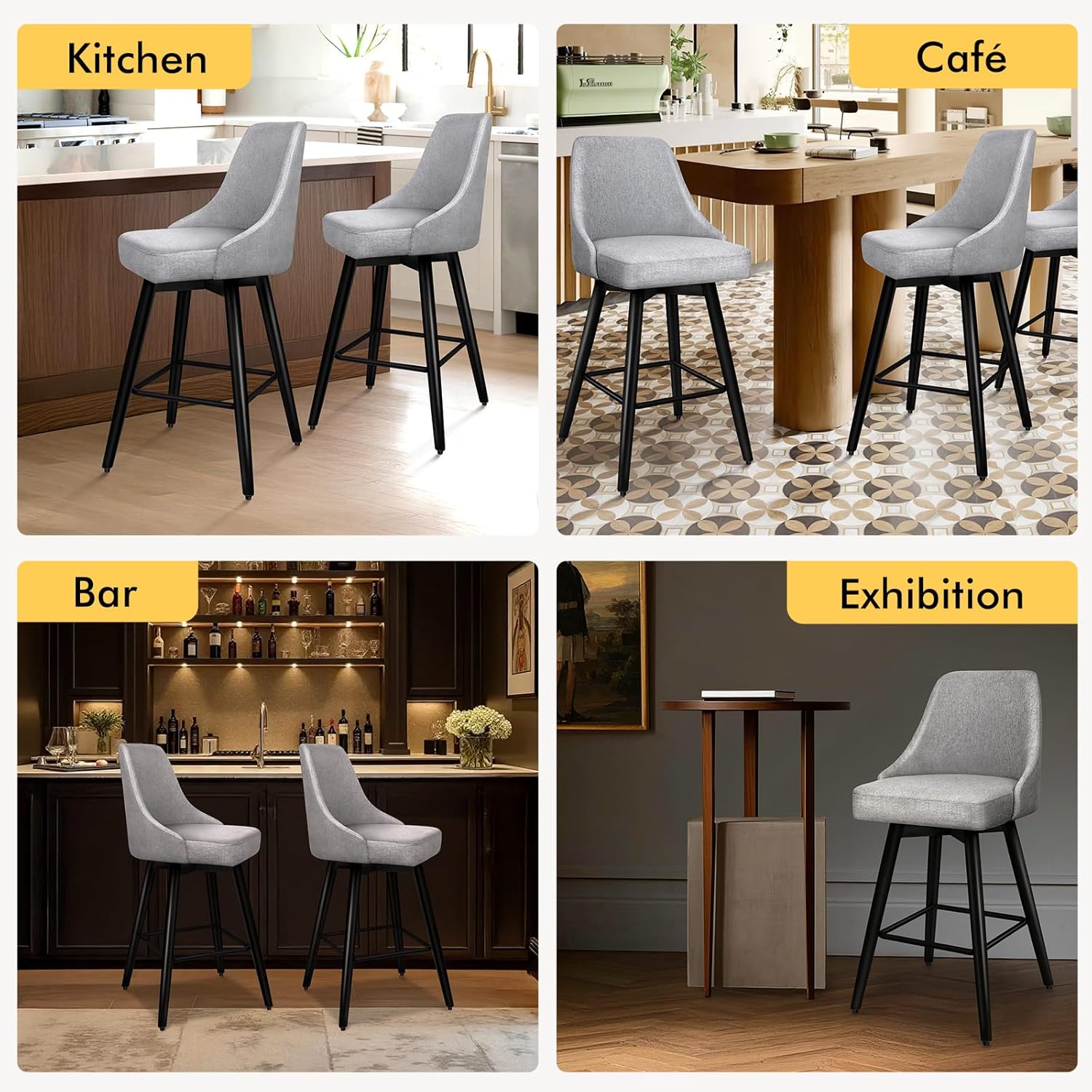 Swivel Counter Height Bar Stools Set of 2, 26" H Modern Barstools with Full Backrest, Breathable Linen Fabric Upholstered Bar Chairs for Kitchen Island Dining, Sturdy Metal Legs, Light Grey