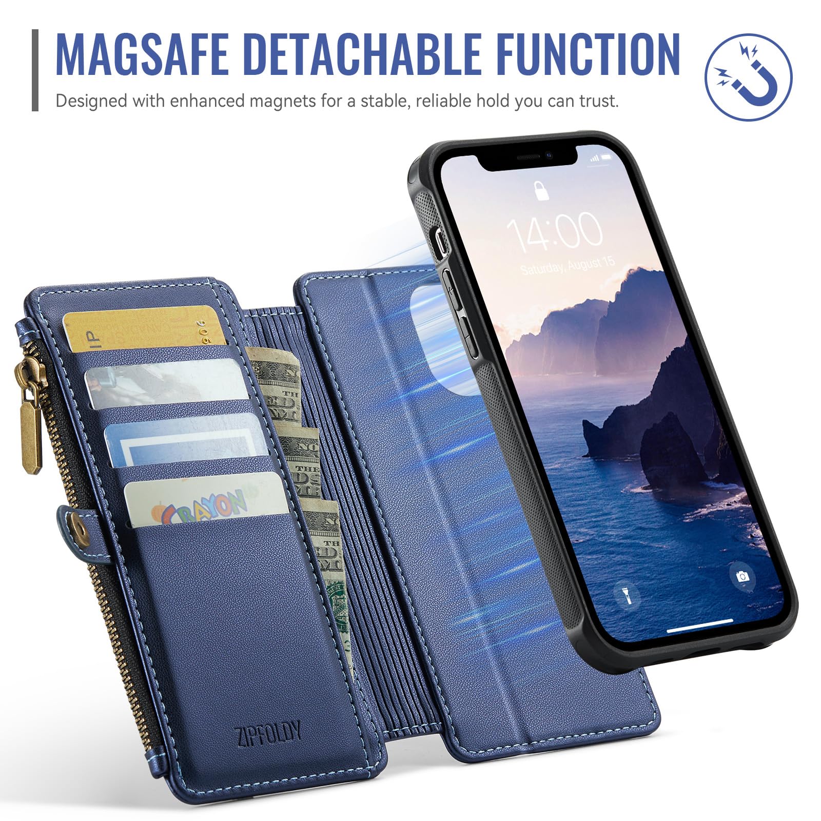per iPhone 14 - Custodia a portafoglio magnetica staccabile, blu | Compatibile con Magsafe, porta carte di credito con blocco RFID, tasca con cerniera, cinturino da polso
