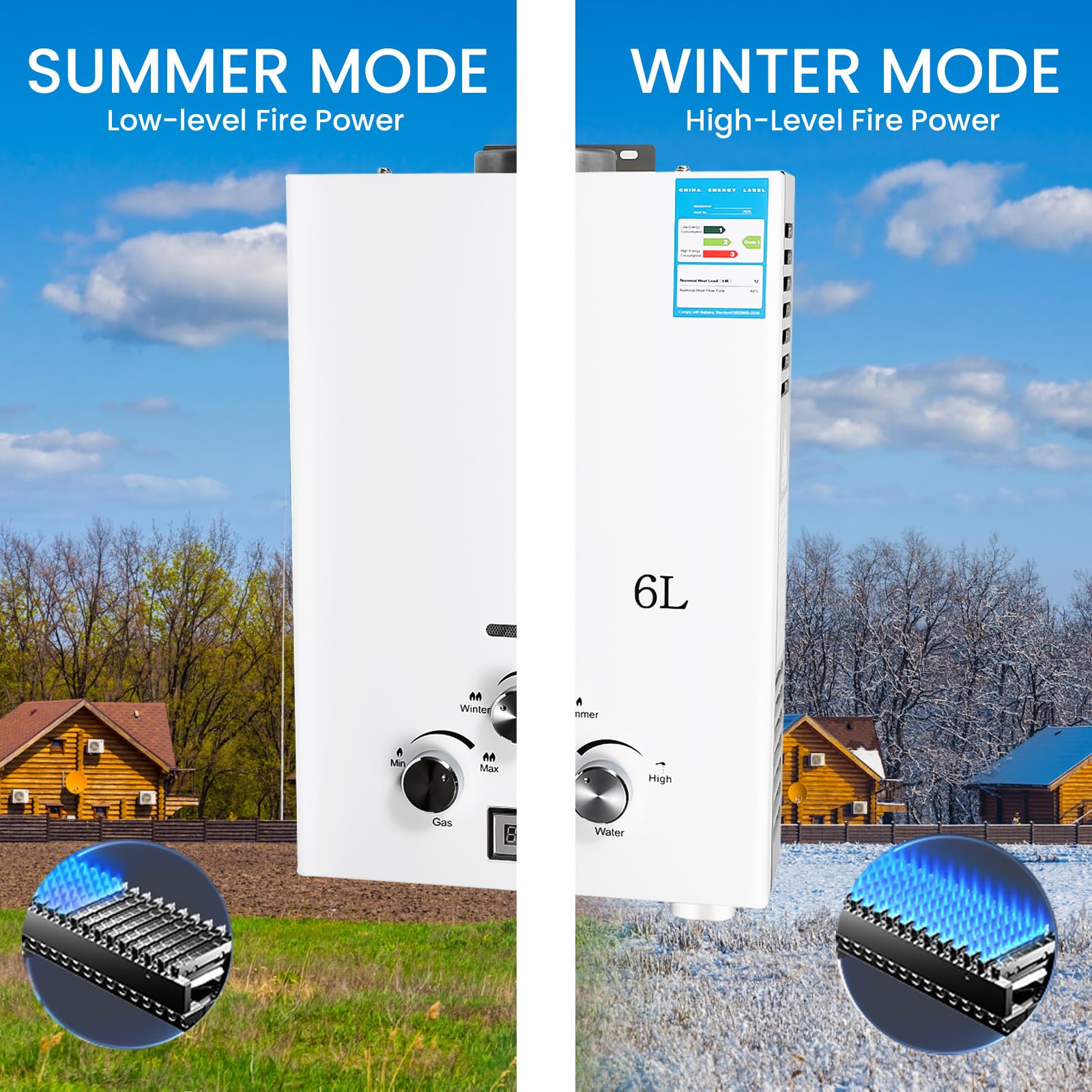 Calentador de Agua de Gas,6 L Calentador de Agua Butano Instantáneo | Pantalla LED,Modo Invierno y Verano Ajustables,2800 Pa,12 KW,Adecuado Para el Hogar, Vehículos Recreativos y Exteriores
