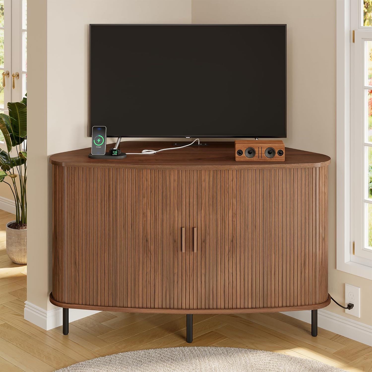 47" Corner TV Stand for up to 55" TVs, Modern Fluted Sliding Door Cabinet with Power Outlet, Wood Storage Entertainment Center, Media Console for Living Room, Walnut