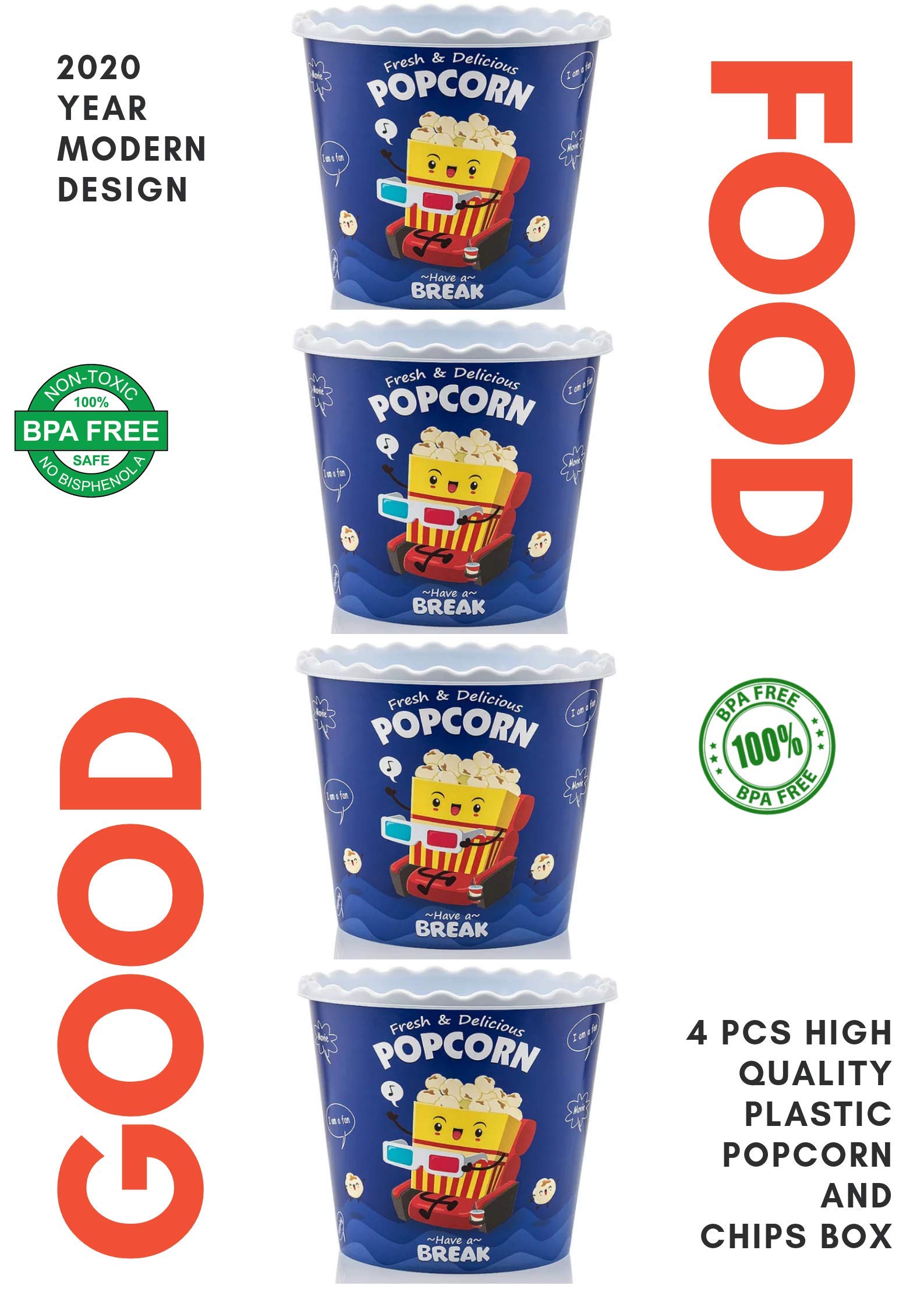 Caja de palomitas de maíz de plástico reutilizable de estilo moderno, para palomitas de maíz, juego de cuencos de palomitas de maíz para la noche de cine – libre de BPA – azul, paquete de 4 – 70 onzas