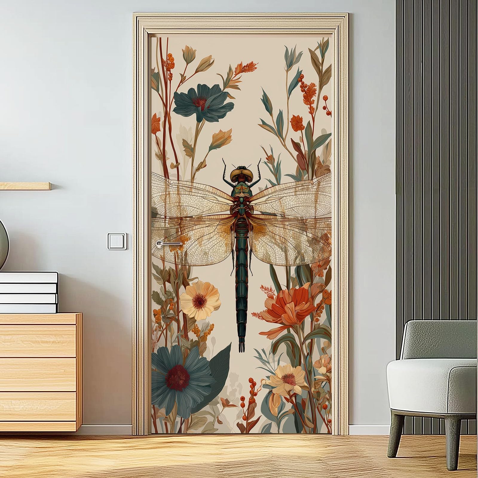 Peinture Murale Stickers, Aquarelle Baies Libellule Fleurs Florales Sticker mural Porte - Insectes Rétro Autocollant mural, 90 x 200 cm Amovible Poster de Porte, Beige Intérieure Muraux Pvc