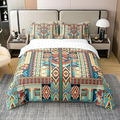 Juego de ropa de cama 100 % algodón del suroeste tamaño King, funda de edredón geométrica bohemia, funda de edredón étnica tribal con flechas