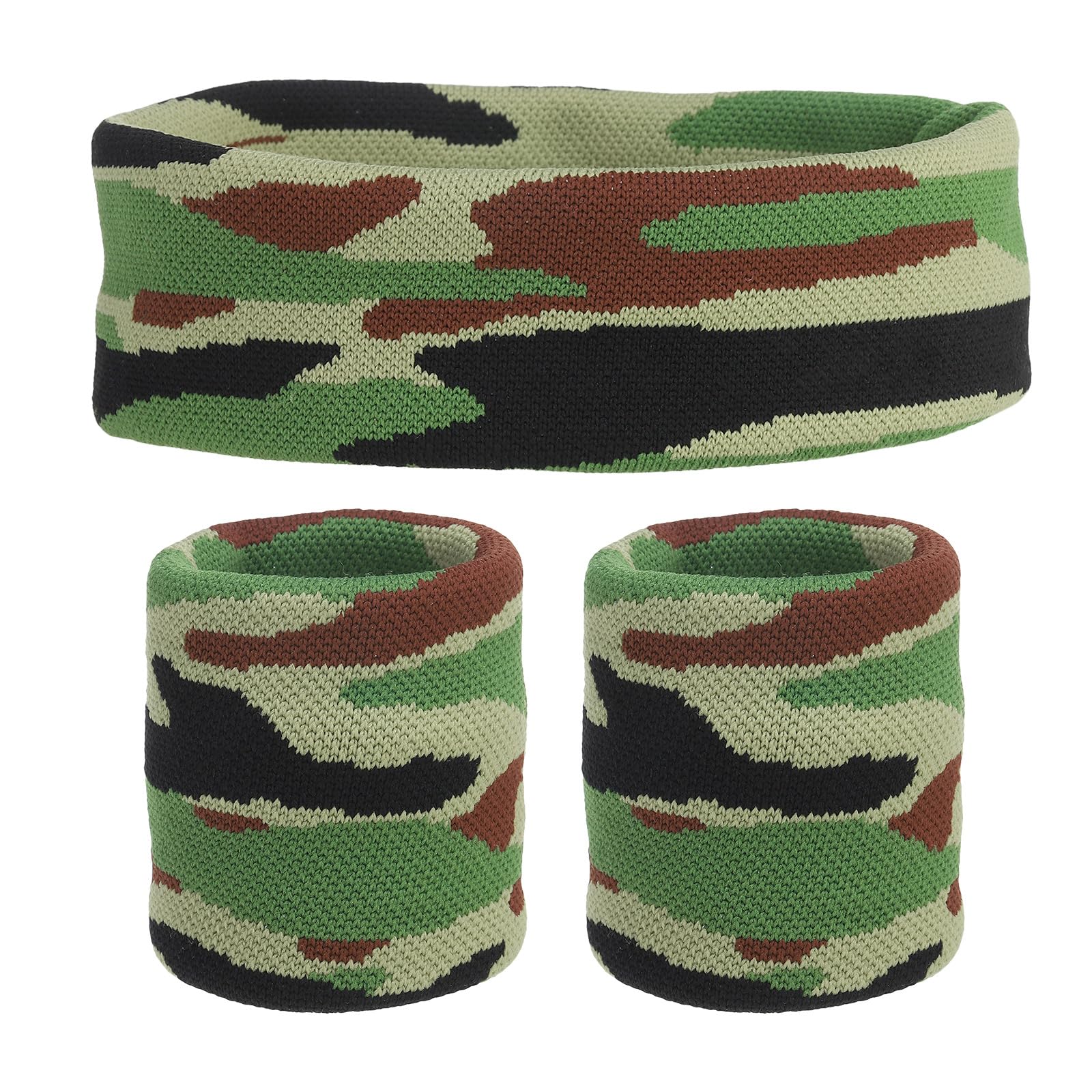 sourcing map Sweat Band Set Sports Terry Cloth Headband Wristband Set 8"x2" Moisture Wicking Sweat Absorbing Head Band for Women Men Workout Exercise (Striped Camouflage Brown/Green)