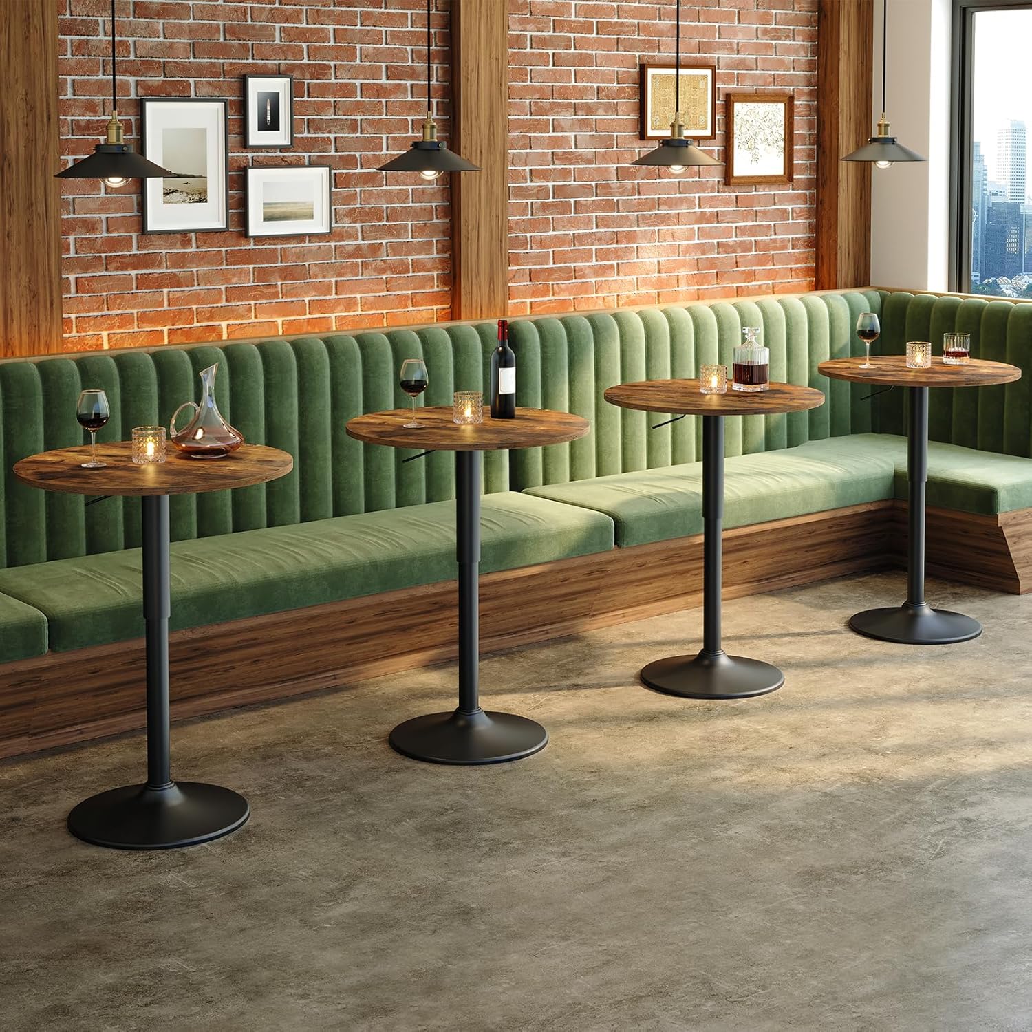 Bar Table, Round Bar Table Set of 4, Bistro Table Cocktail Table, Height-Adjustable Pub Table 27-35.4 Inches with Sturdy Metal Base, Easy to Assemble, for Small Space, Rustic and Black