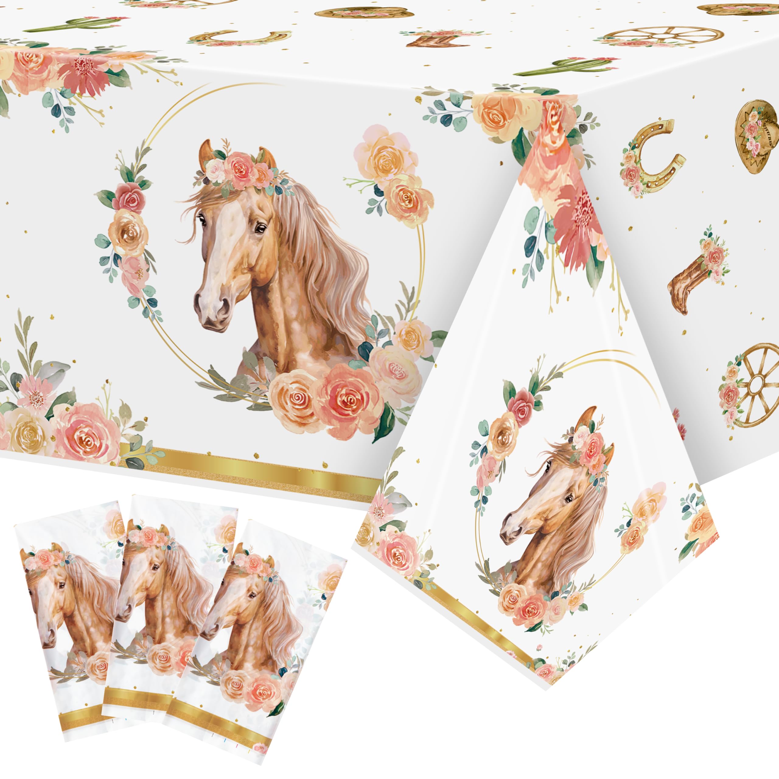 3-Pack Horse Party Tablecloths – Gold Cowgirl Design, 108x54 Inches, Disposable Plastic For Birthday & Western Theme - View #12