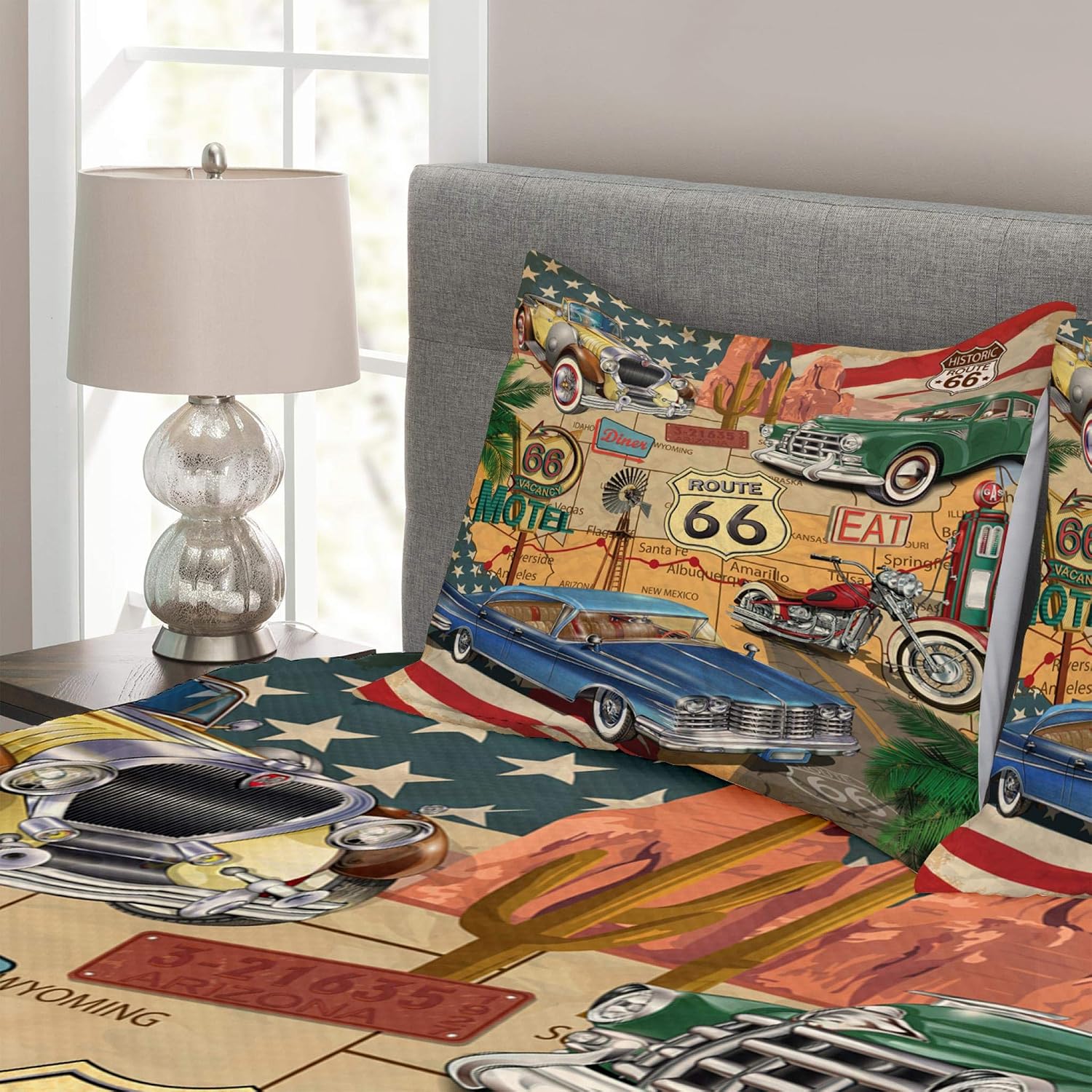 Limited Discount Lunarable Route 66 Bedspread, Old Fashioned Cars Motorcycle on a Map Road Trip Journey American USA Concept, Decorative Quilted 3 Piece Coverlet Set with 2 Pillow Shams, Queen Size, Beige Red Free Shipping Offer Lunarable Route 66 Bedspread, Old Fashioned Cars Motorcycle on a Map Road Trip Journey American USA Concept, Decorative Quilted 3 Piece Coverlet Set with 2 Pillow Shams, Queen Size, Beige Red