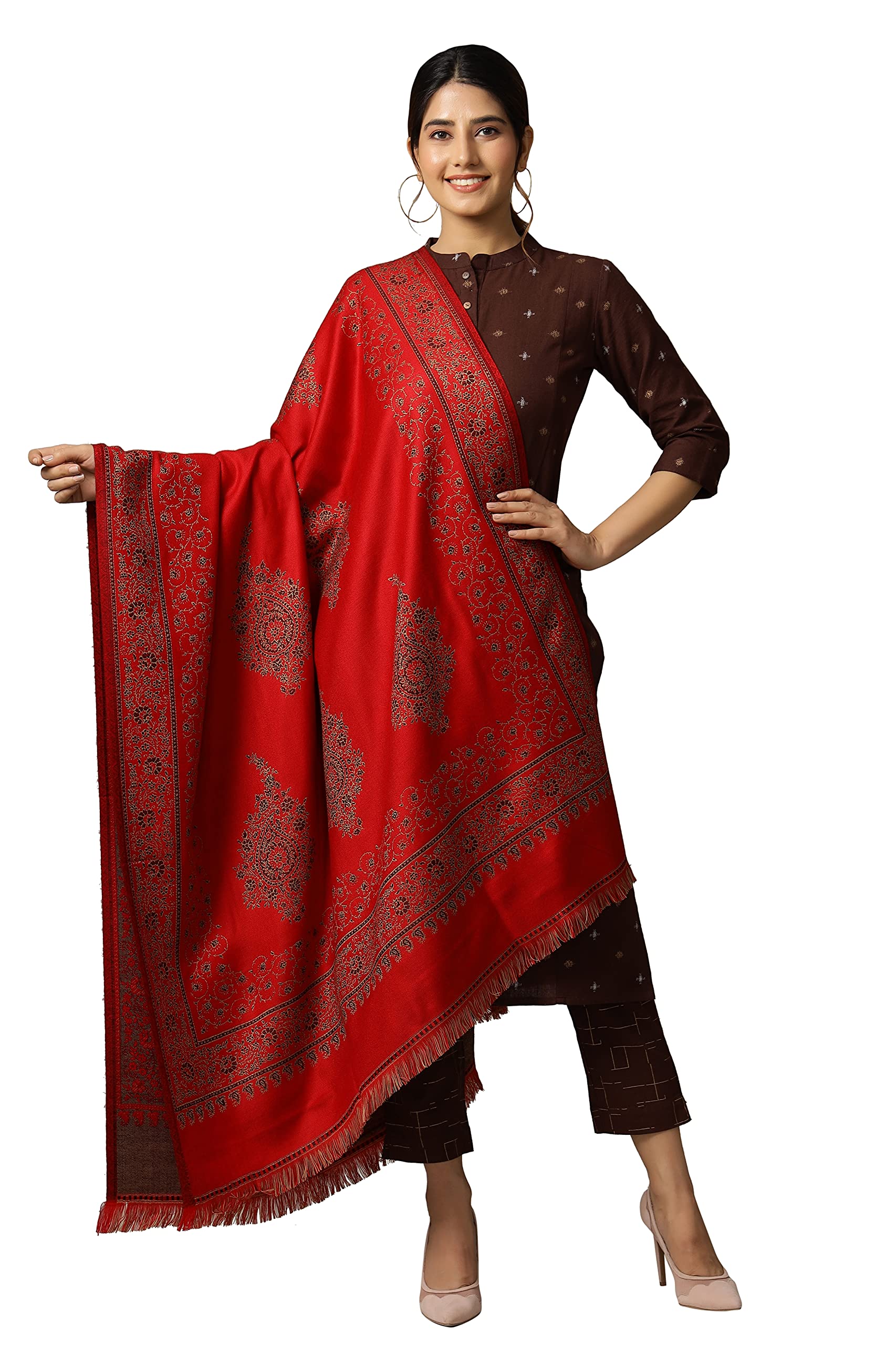 Ravaiyaa - Attitude is everything Woven Jacquard Design with Woven Kashmiri Paisleys, Soft and Warm Faux Wool Shawl for Women's (Red)-picture-30