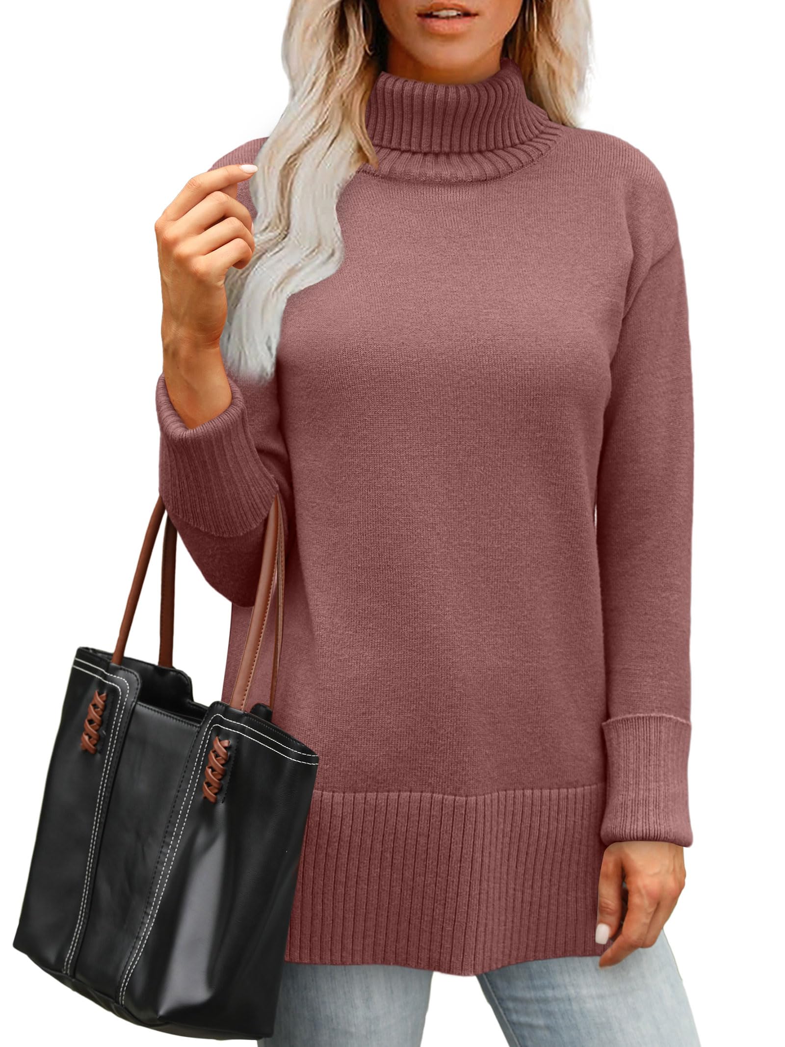 Glanzition Sweaters for Women Turtleneck Side Split Oversized Pullover Tops
