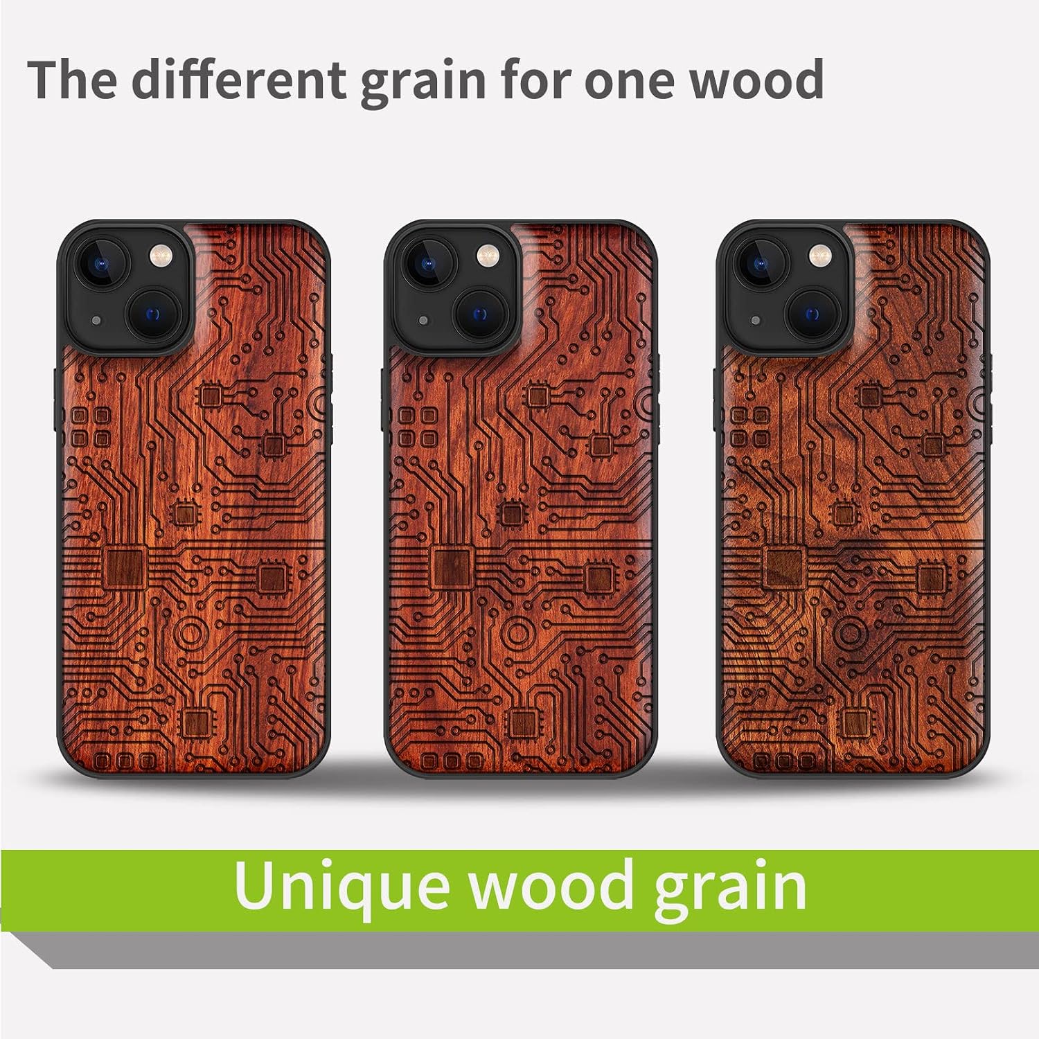 Carveit Magnetic Wood Case for iPhone 13 Case [Natural Wood & Black Soft TPU] Unique & Classy Wooden Shockproof Protective Cover Compatible with MagSafe (Motherboard -Rosy)