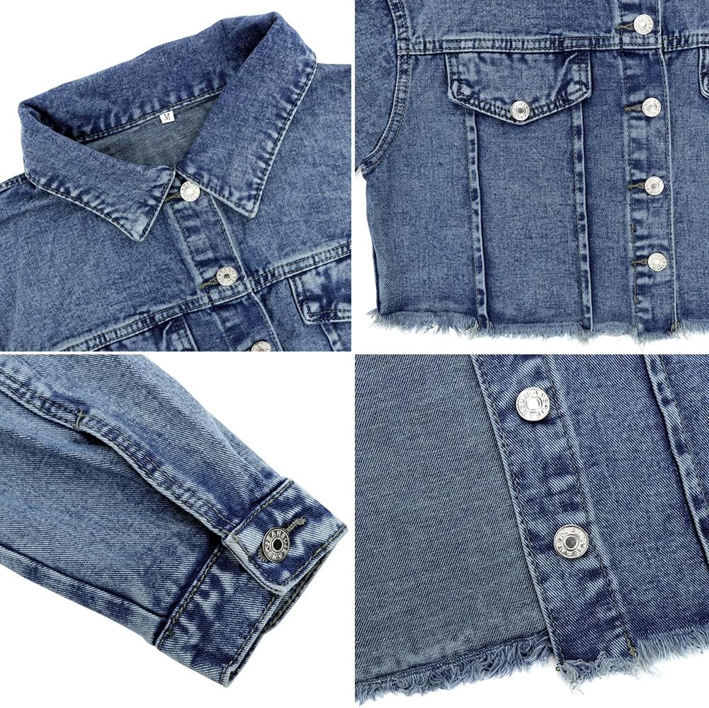 LONGYIDA Women's Cropped Denim Jacket | Distressed Button-Down Jean Jacket | Long Sleeve Ripped & Frayed Blue Coat - Image 5