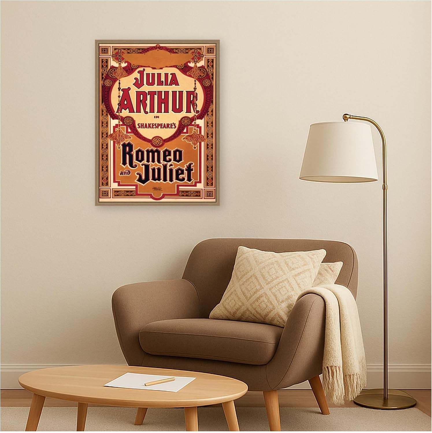 Kate and Laurel Framed Canvas Wall Art Print Theater Play Romeo and Juliet PDX by Corinna Buchholz of Piddix, 18 x 24 Sylvie Dark Gold Frame, Vintage, Typography Art for Wall Decor