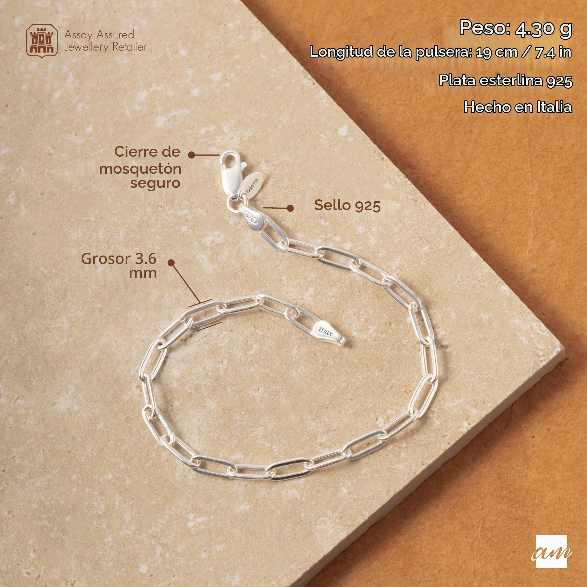 Amberta Pulsera Paperclip para Mujer u Hombre en Plata de Ley 925 | Pulsera Eslabones Plata | Pulsera de Cadena de Plata Italiana