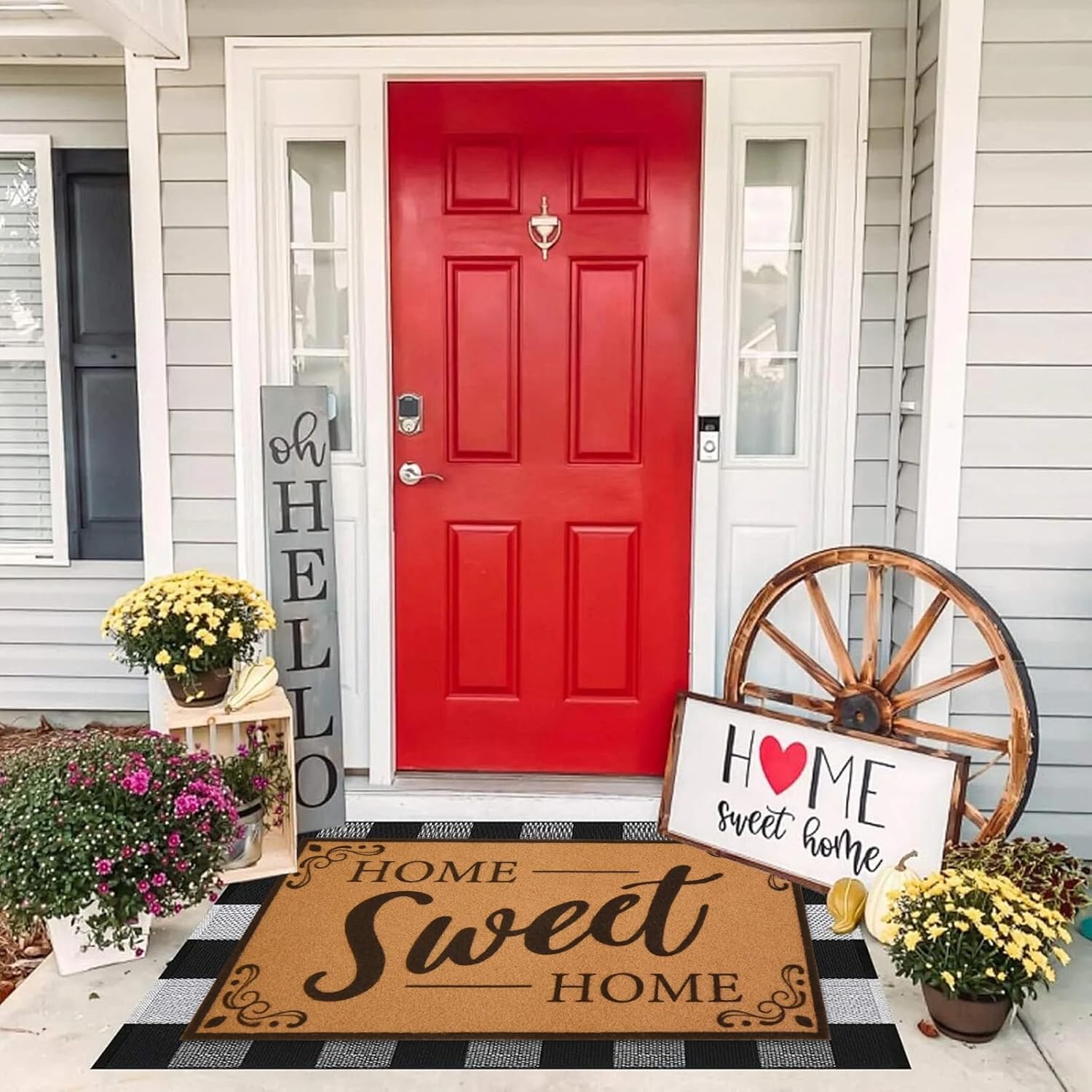 2 Pcs Funny Coir Door Mats for Outdoor Nonslip Home Sweet Home Front Doormat Durable Door Entrance Welcome Mat 2-in-1 Buffalo Plaid Rug for Front Porch Entryway Decor, 17x 30