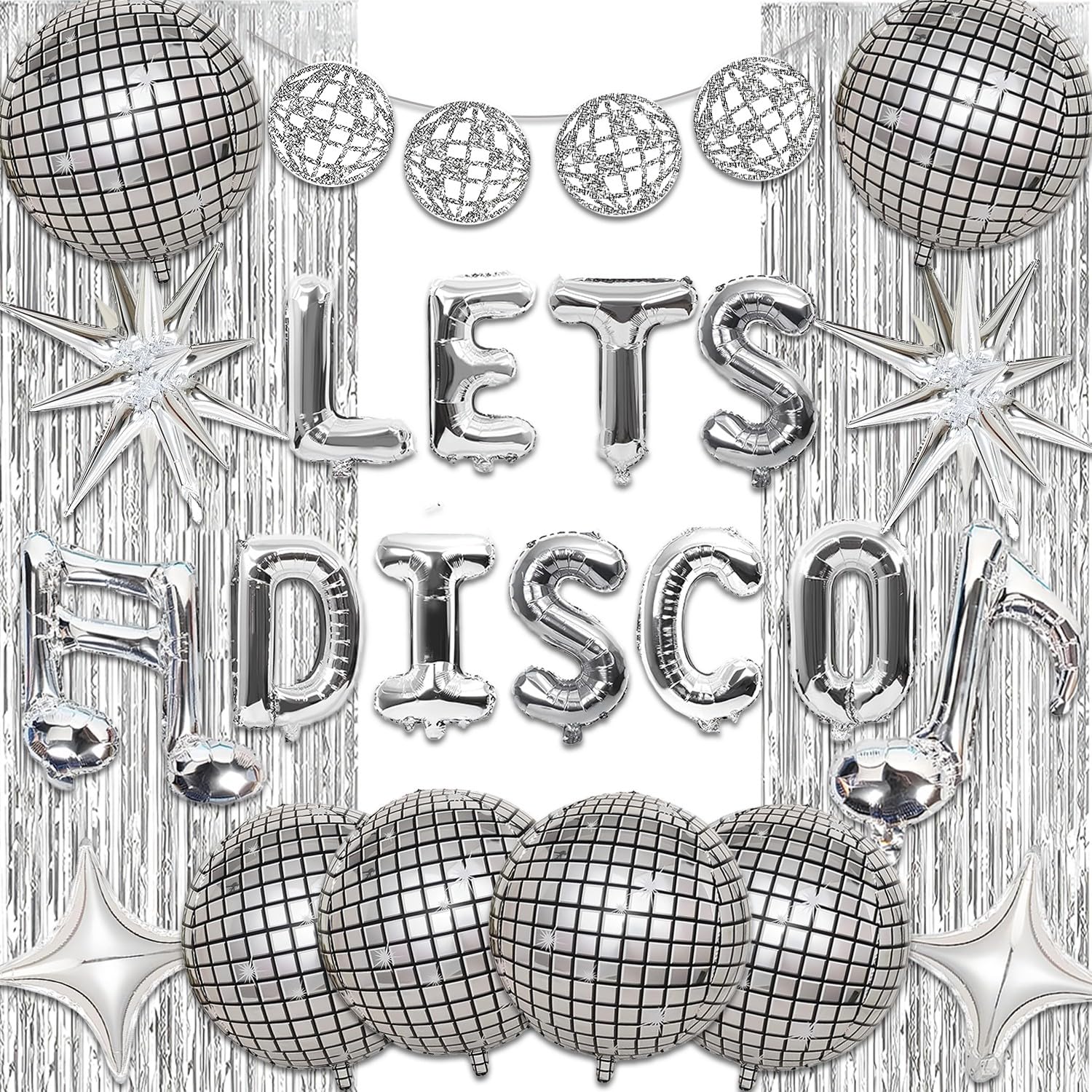 23Pcs Disco Party Decorations - Dancing Queen Disco Ball Decorations, Including Lets Disco Letter Balloon Musical Note Balloons Exploding Star Balloon Silver Foil Rain Curtain 70s Disco Party Supplies