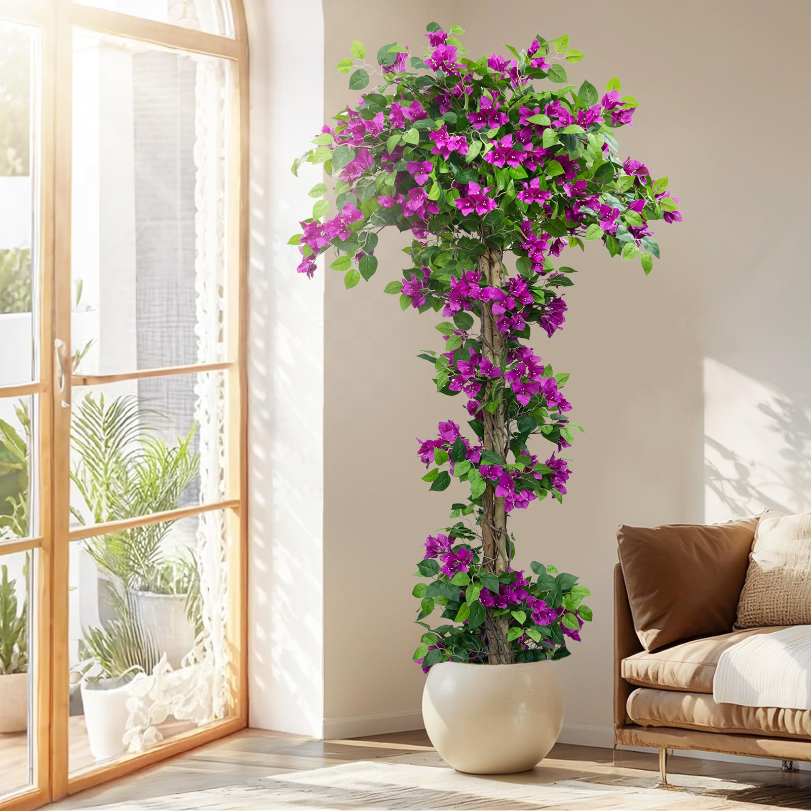 5FT Tall Bougainvillea Artificial Tree for Outdoors or Indoors, Faux Bougainvillea Tree Realistic Wood with Flowers in Plastic Pot Front Porch Plants,
