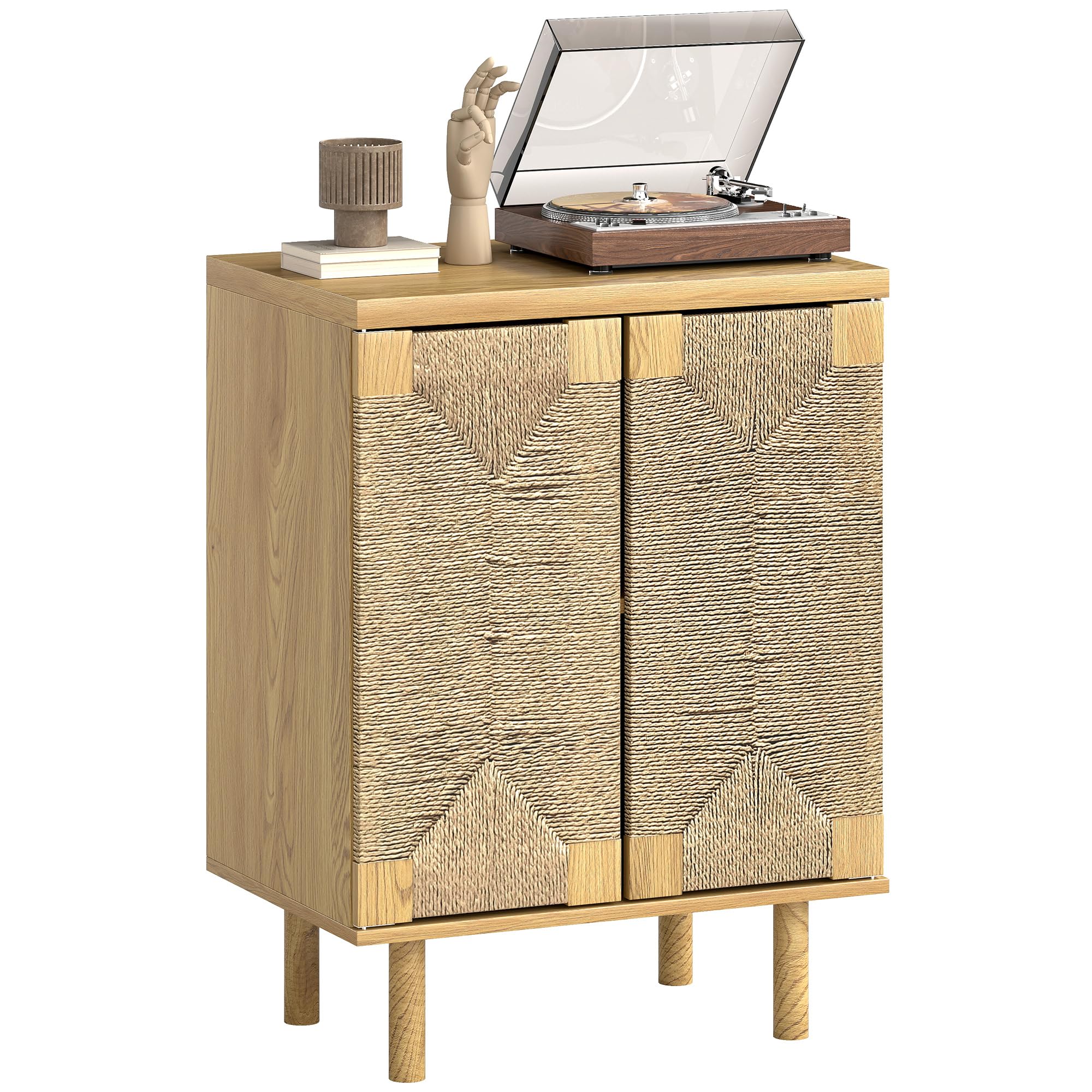 HOMCOM Aparador Bohemio de 2 Puertas con Cuerda Trenzada Roble 60x40x78 cm | Manual, Aparador de Salón, Estante Regulable, Apertura Push, Patas de Madera