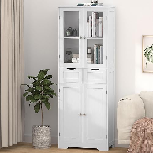 Miniatura 7 de Betterhood Armario de Almacenamiento de Baño de 67 Pulgadas de Alto, Gabinete de Ropa Blanca Independiente con Puertas de Vidrio y Estantes, Armario