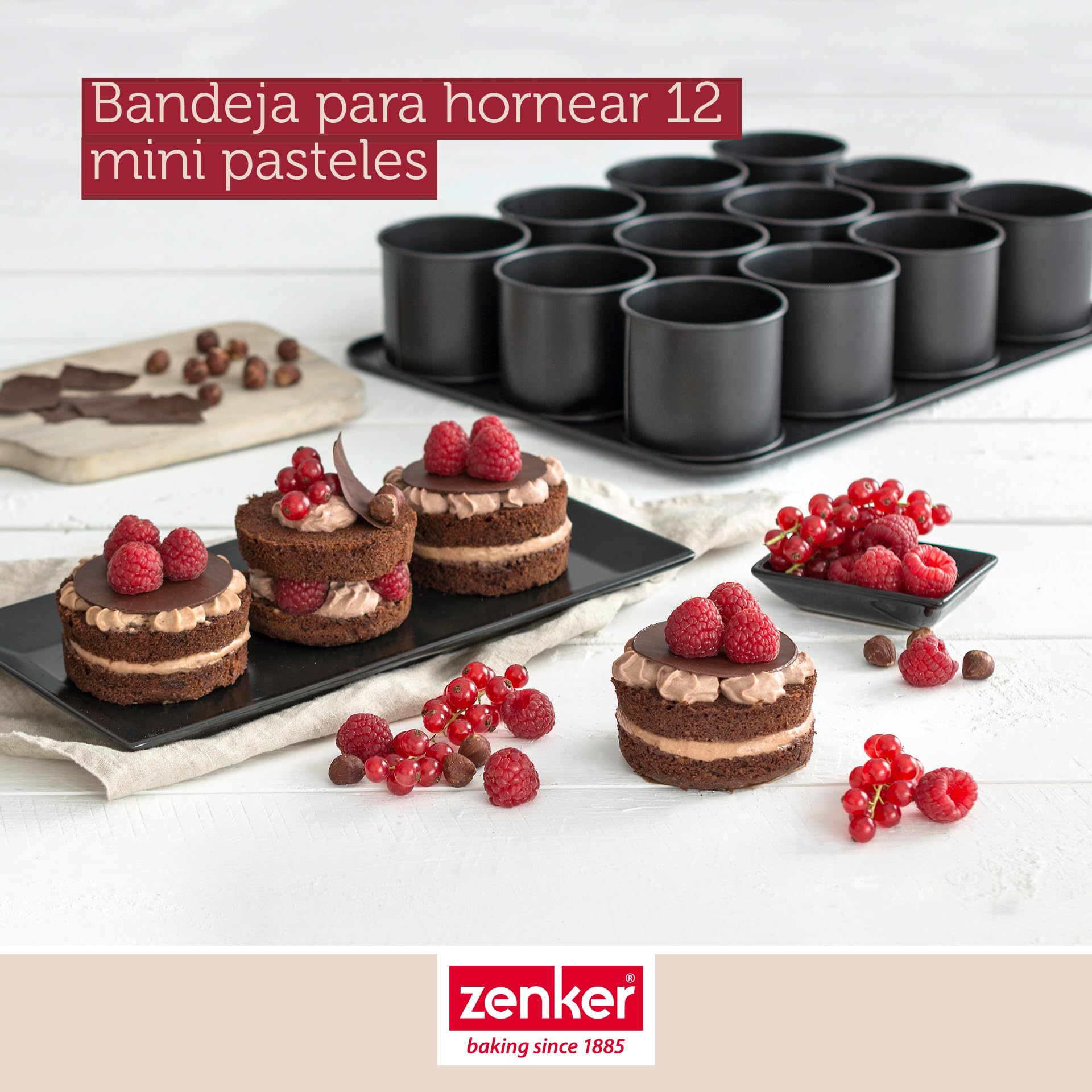 Zenker Bandeja Mini Pasteles 12 Aros en Acero con Revestimiento Antiadherente Teflon Classic Negro 38x30 cm, Moldes para Pasteles Pequeños, Mini Tartas, 1 ud.