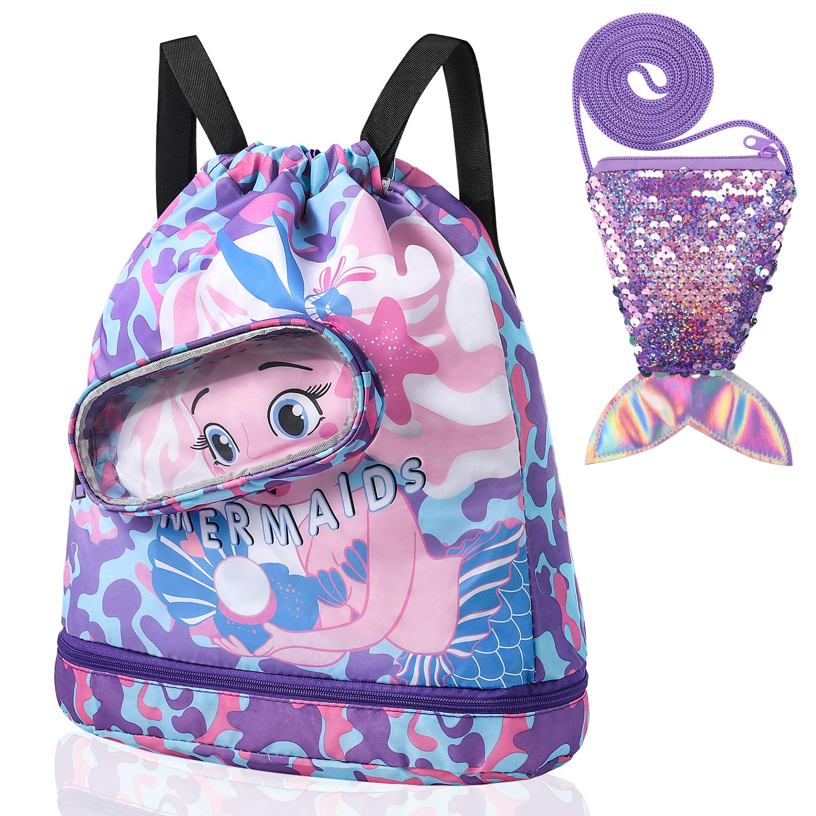 Invalidism Swimming Bags for Kids, Mermaids Drawstring Backpack with Sequin Crossbody Bag, Waterproof Sports Gym Beach Bags for Swimming Pool Beach Travel School with Zipped Pocket