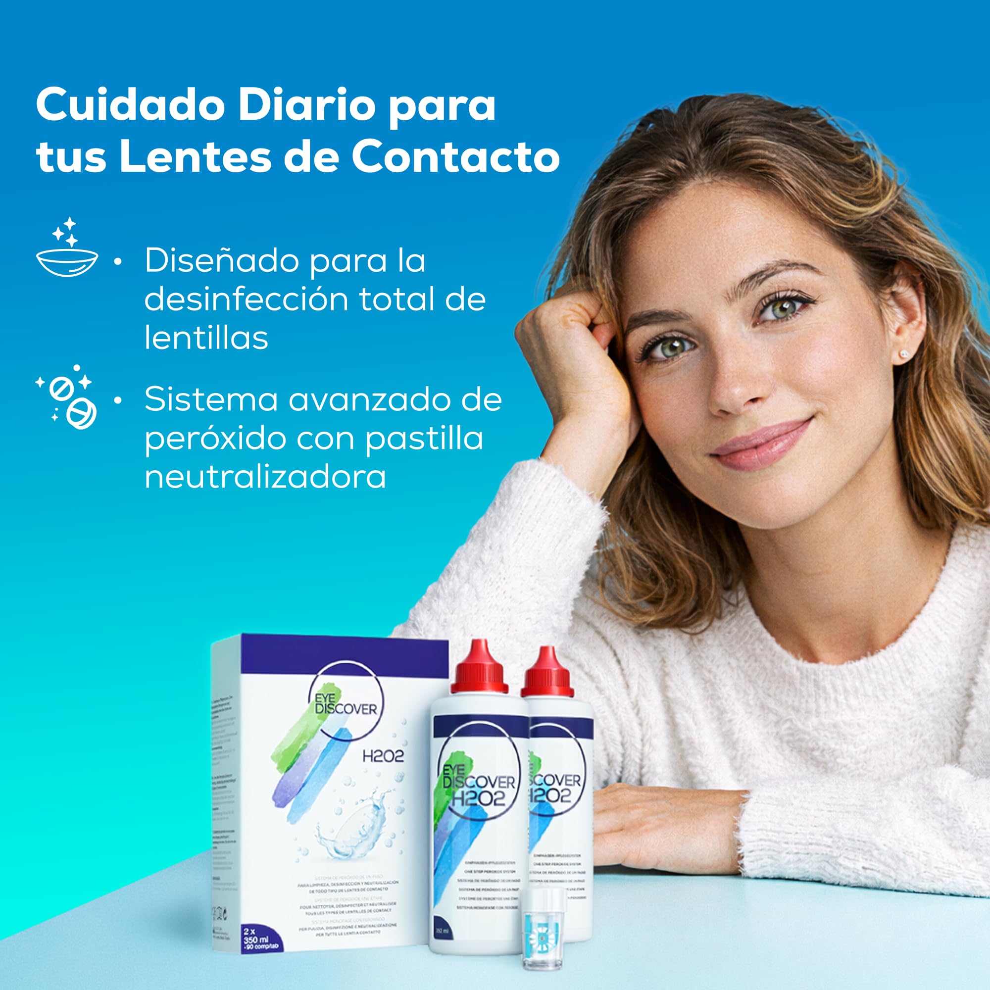 Líquido Lentillas con Peróxido de Hidrógeno Pack 2 x 350 ml para todo tipo de Lentes de Contacto sin Conservantes, Ojos Secos y Sensibles + 90 Comprimidos y Estuche Portalentes | EYE DISCOVER