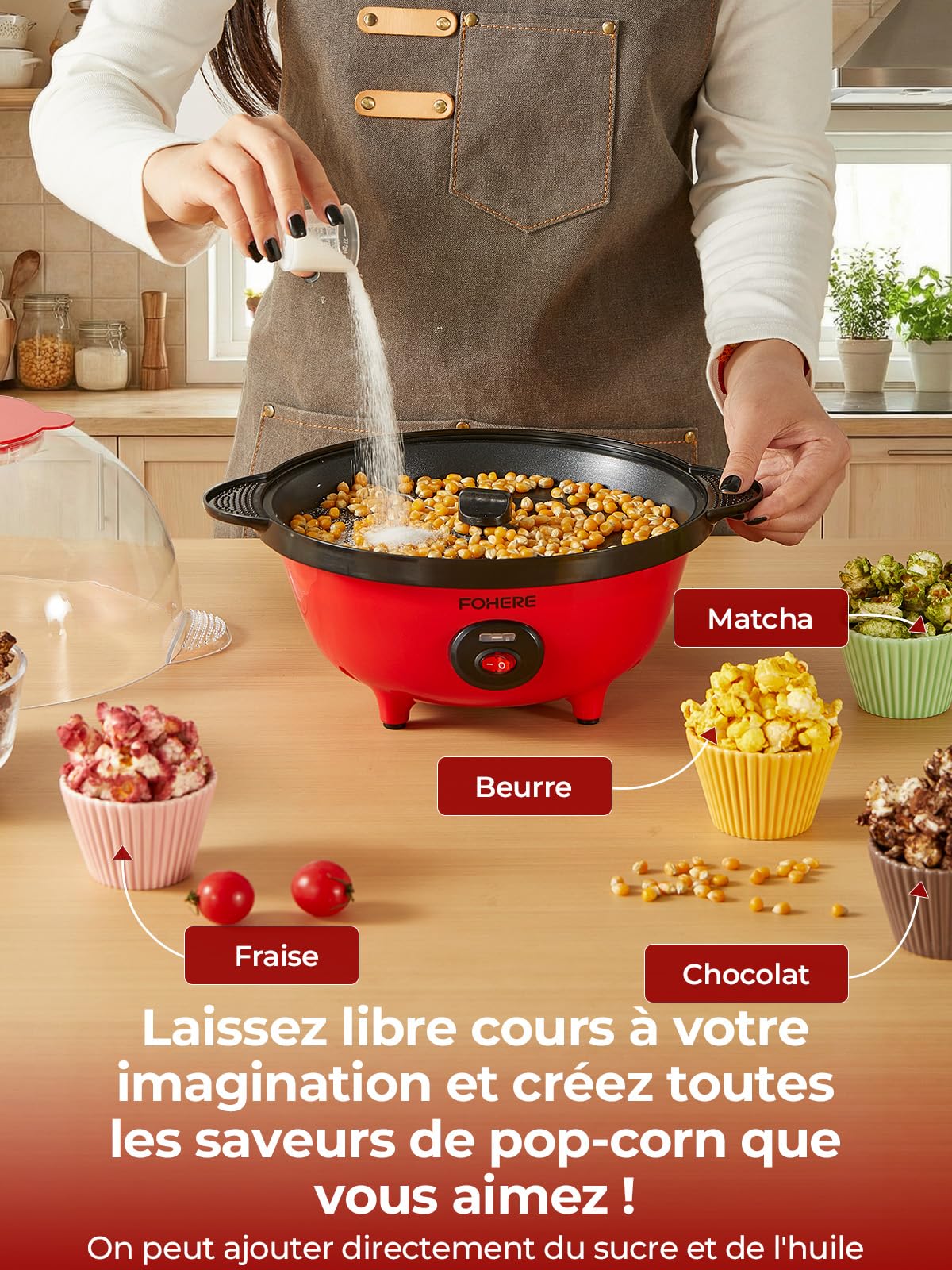 FOHERE 4,5L Machine à Pop Corn, 700W Popcorn Machine avec 2 Tasses à Mesurer pour Les Grains de Maïs, le Sucre et l'huile, Agitation Automatique, Idéal pour Les Vacances et Les Soirées Cinéma