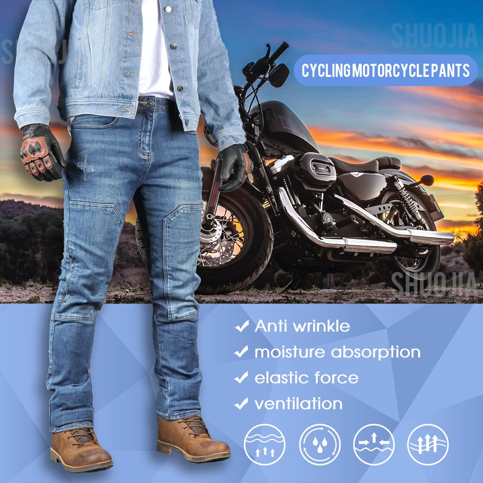 Uomo Moto Pantaloni Jeans Rinforzano Pantaloni da Moto da Ciclismo Jeans da Motociclista Elasticizzati con 4 Protezioni (Blue-B,3XL)