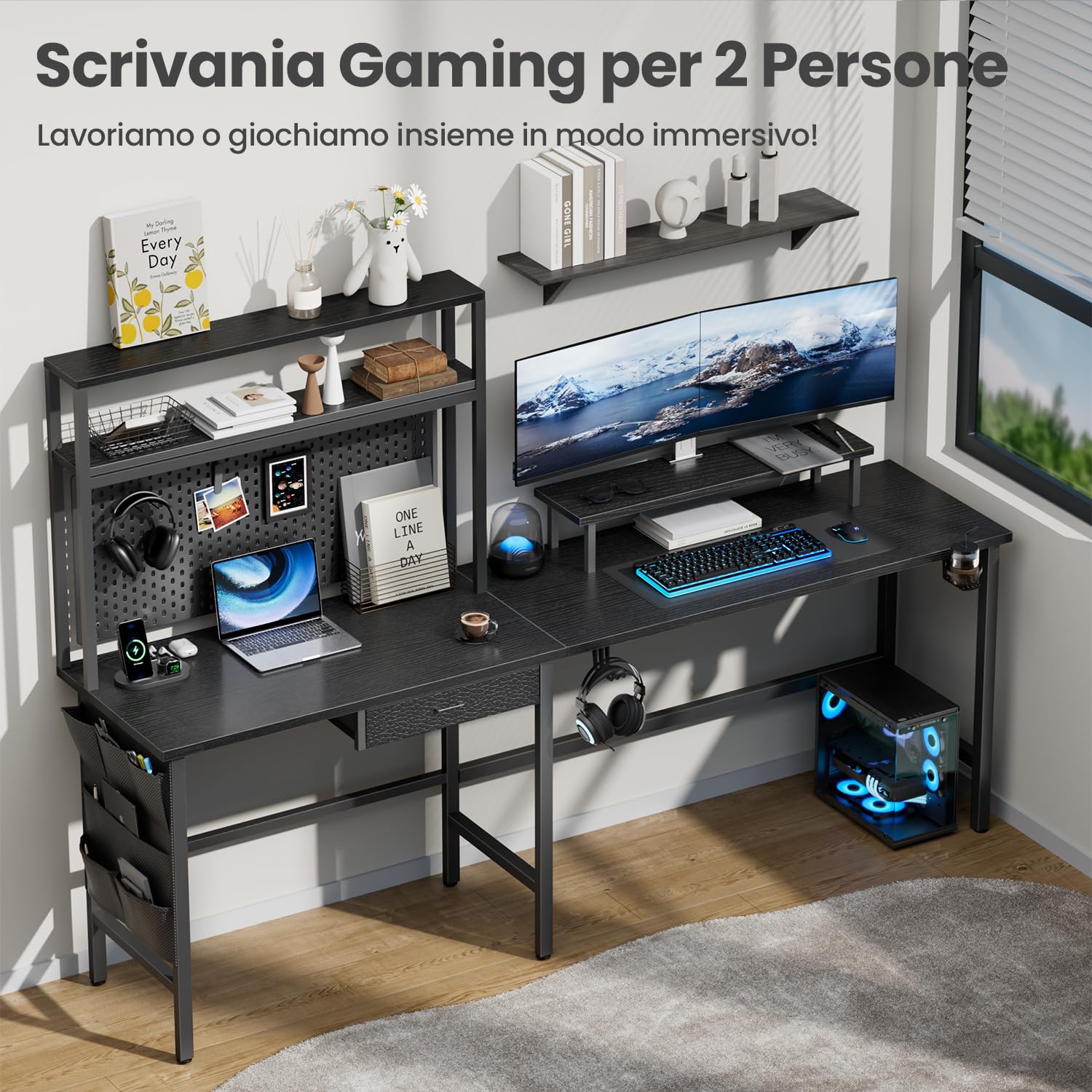 HLFURNIEU Scrivania Angolare con LED, 150 x 100 cm Scrivania Gaming a L con 3 Prese & 2 Porta USB, Tavolo Angolo Salvaspazio, con Libreria, Cassetti & Borsa Portaoggetti, Supporto per Monitor, Nero