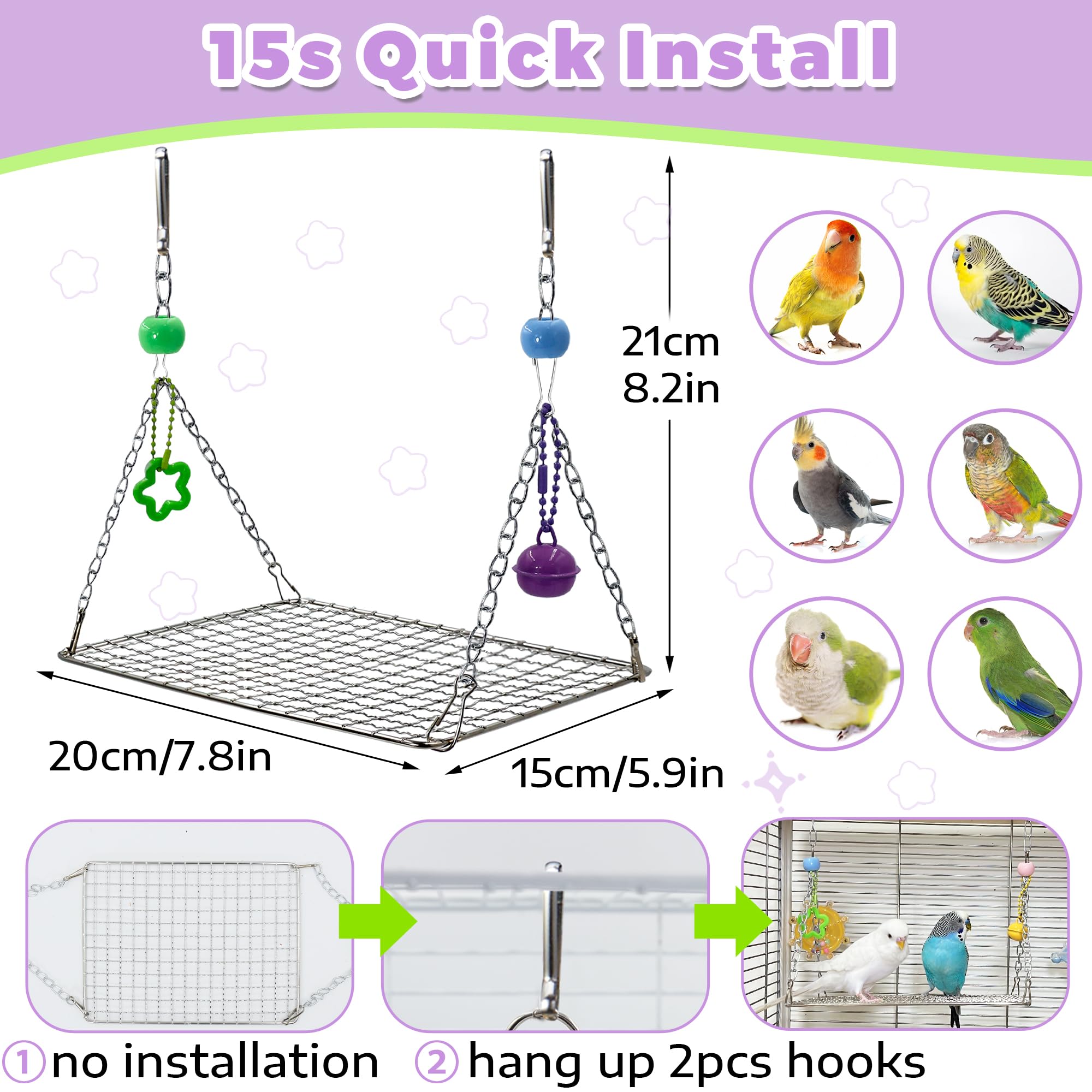 Bite-Proof Stainless Steel Bird Swing Perch with Bell, Easy Clean & Claw-Friendly Grip Hanging Quaker Parrot Swing for Inside Cage, Parakeet Toys Swing Platform for Cockatiel, Conure, Budgie - image 5