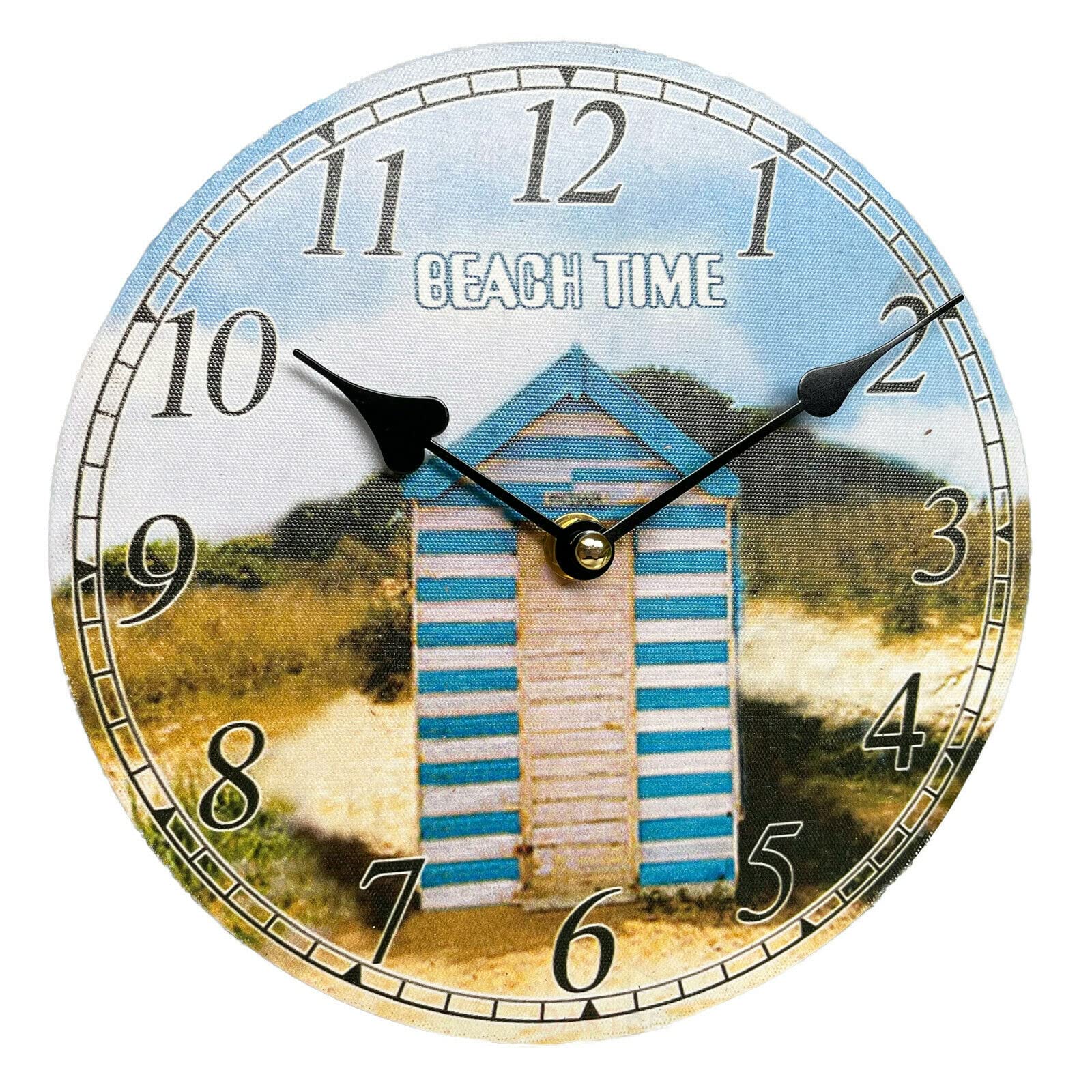 Darthome Blue Beach Hut Round Wall Clock 20Cm Canvas Seaside Print Bathroom Kitchen Decoration