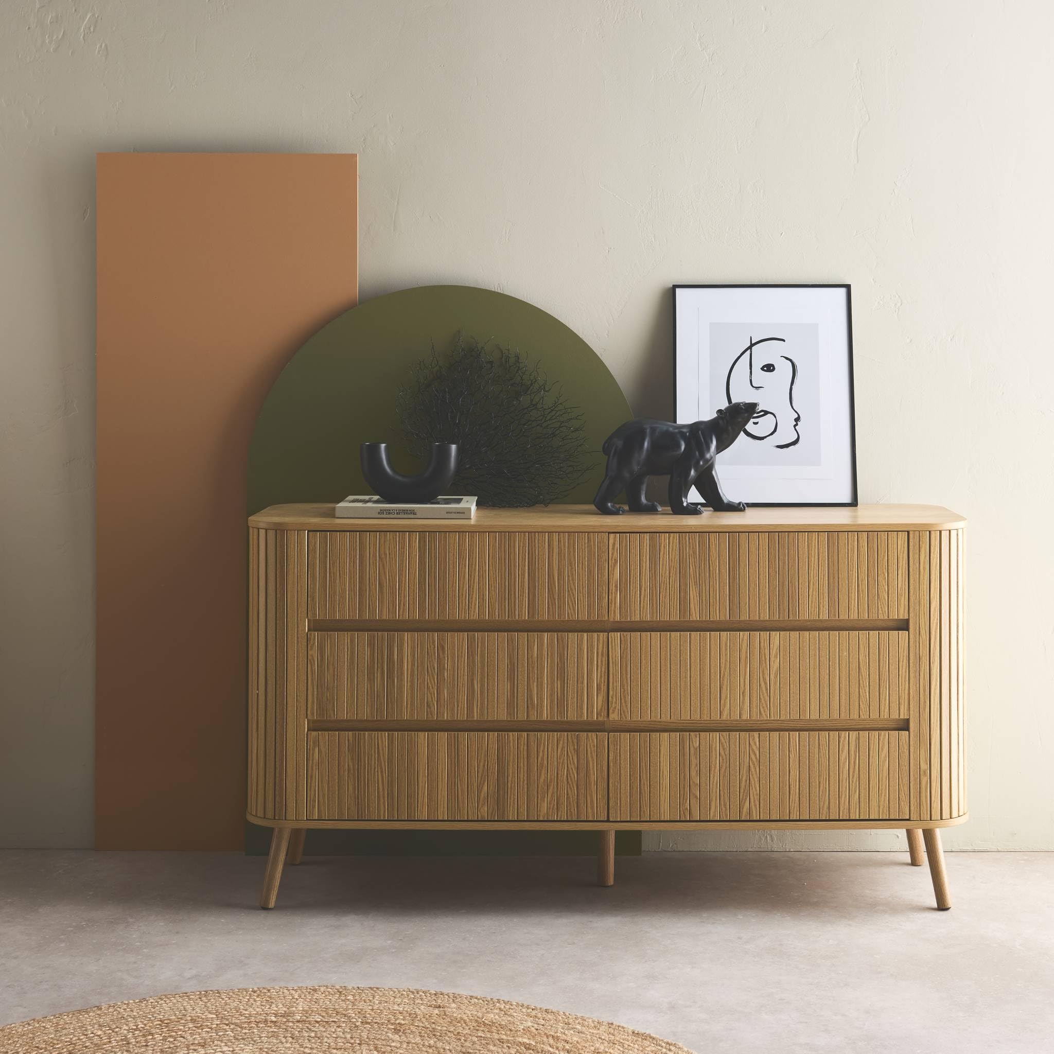 sweeek - Commode 6 tiroirs. décor strié Naturel. L 150 x P 45 H 80cm