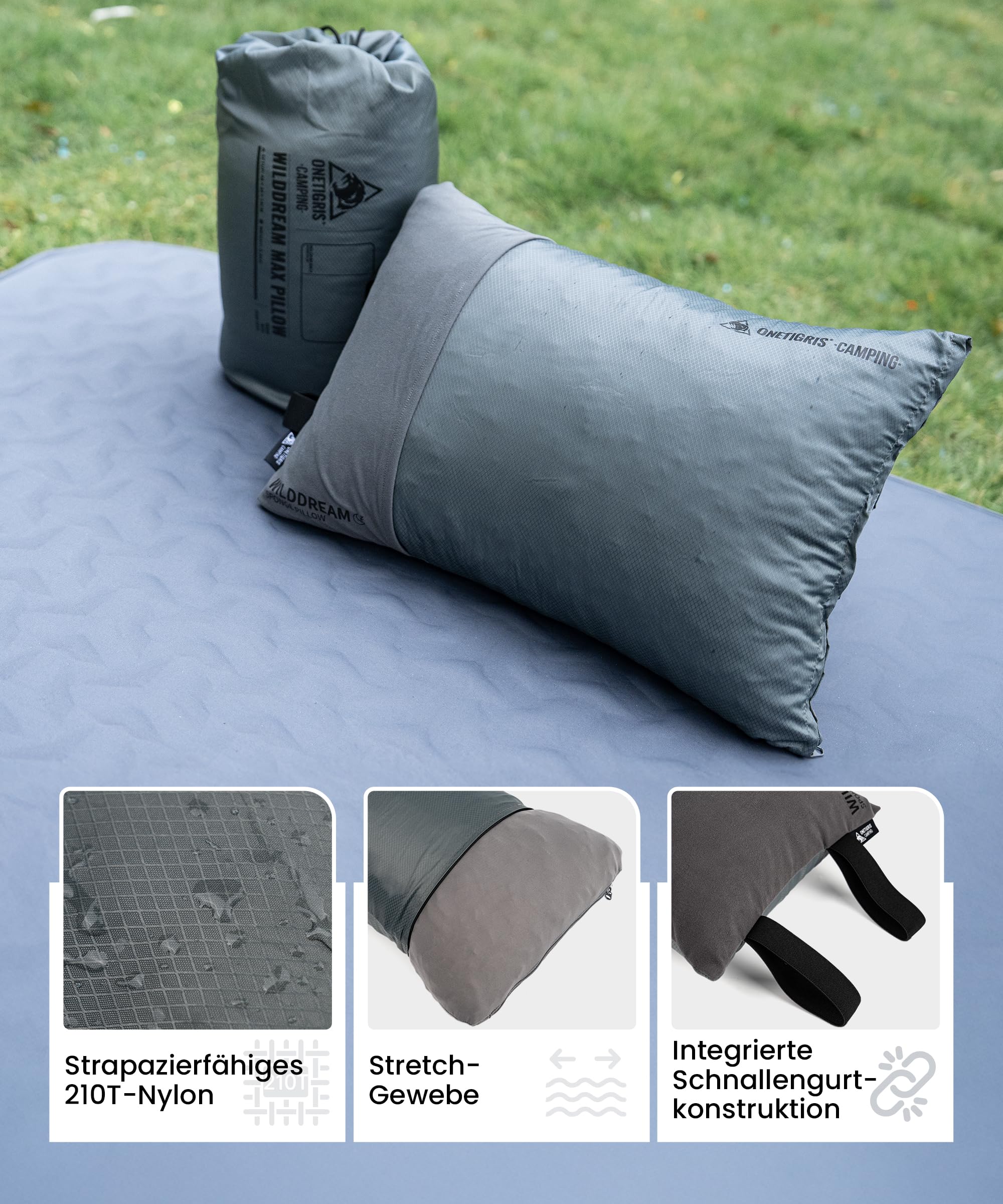 OneTigris WILDDREAM Grand coussin de camping en mousse à mémoire de forme broyée, coussin de voyage compressible pour l'extérieur, le tourisme sac à dos et la voiture (48 x 34 x 14 cm)