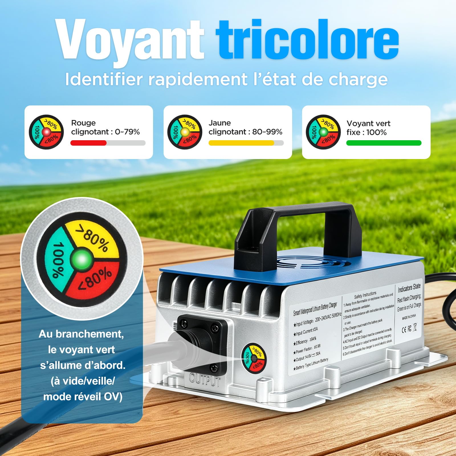 KAISAL 12V 30A Chargeur de Batterie Lithium, 14.6V Chargeur LiFePO4