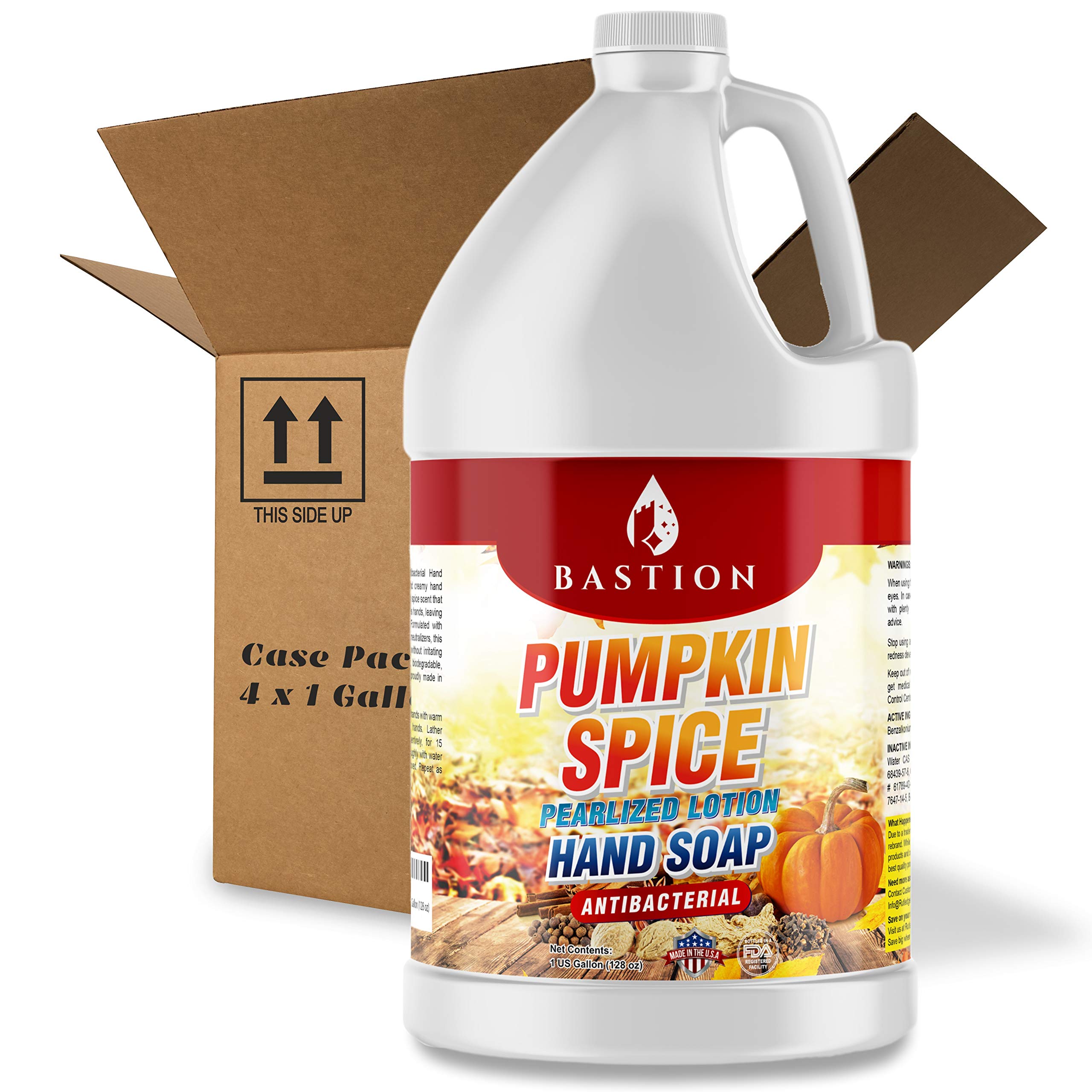 Antibacterial Hand Soap - Pumpkin Spice Moisturizing Pearlized Liquid Hand Wash - Case of Four 1 Gallon (128 oz.) Bulk Refill Jugs.[Total 512oz]