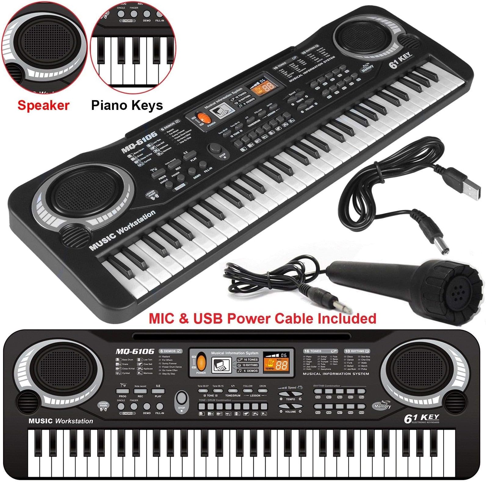 JINRUCHE Kids Piano, Multi-function 61 Mini-Keys Electronic Organ Kids Musical Teaching Keyboard Toy Piano (Black)