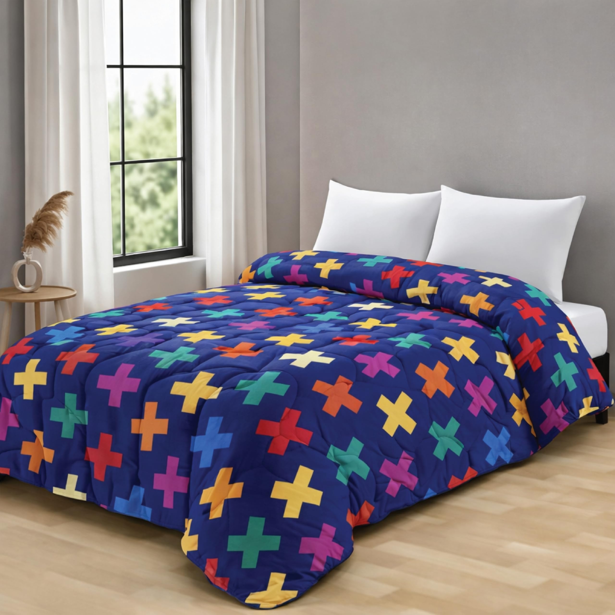 Zinnia Ultra Soft Microfibre Printed Comforter | (Print - Shapes) (Erin Navy and Bright Blue)-image-44