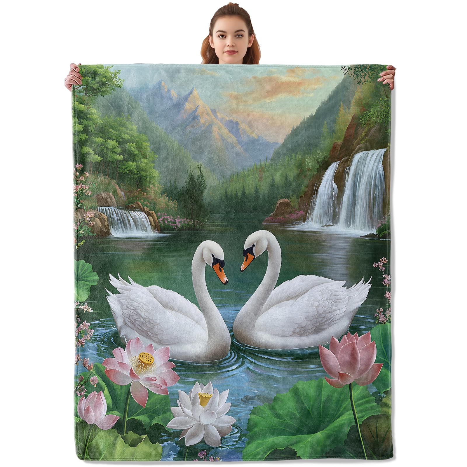 Kibue Pretty White Swan Blanket Warm & Cozy Flannel Throw Blanket - Soft Lightweight Plush Blankets for Travel, Sofa, Bedroom, Office, Home Decor -