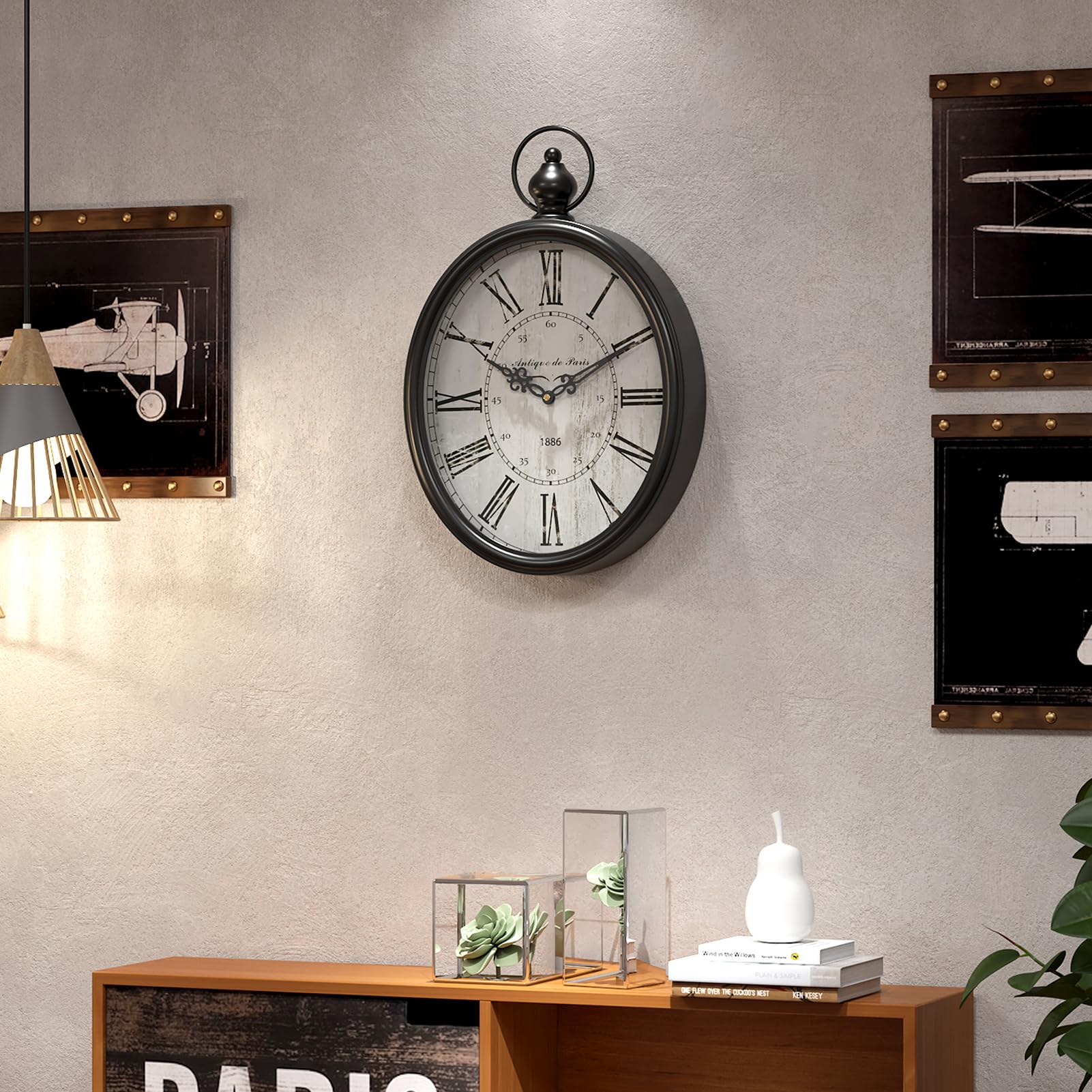 Reloj de pared retro ovalado, estilo rústico vintage, diseño antiguo negro, funciona con pilas, decoración silenciosa, relojes de pared grandes para cocina, granja, oficina (15.5 pulgadas de 5
