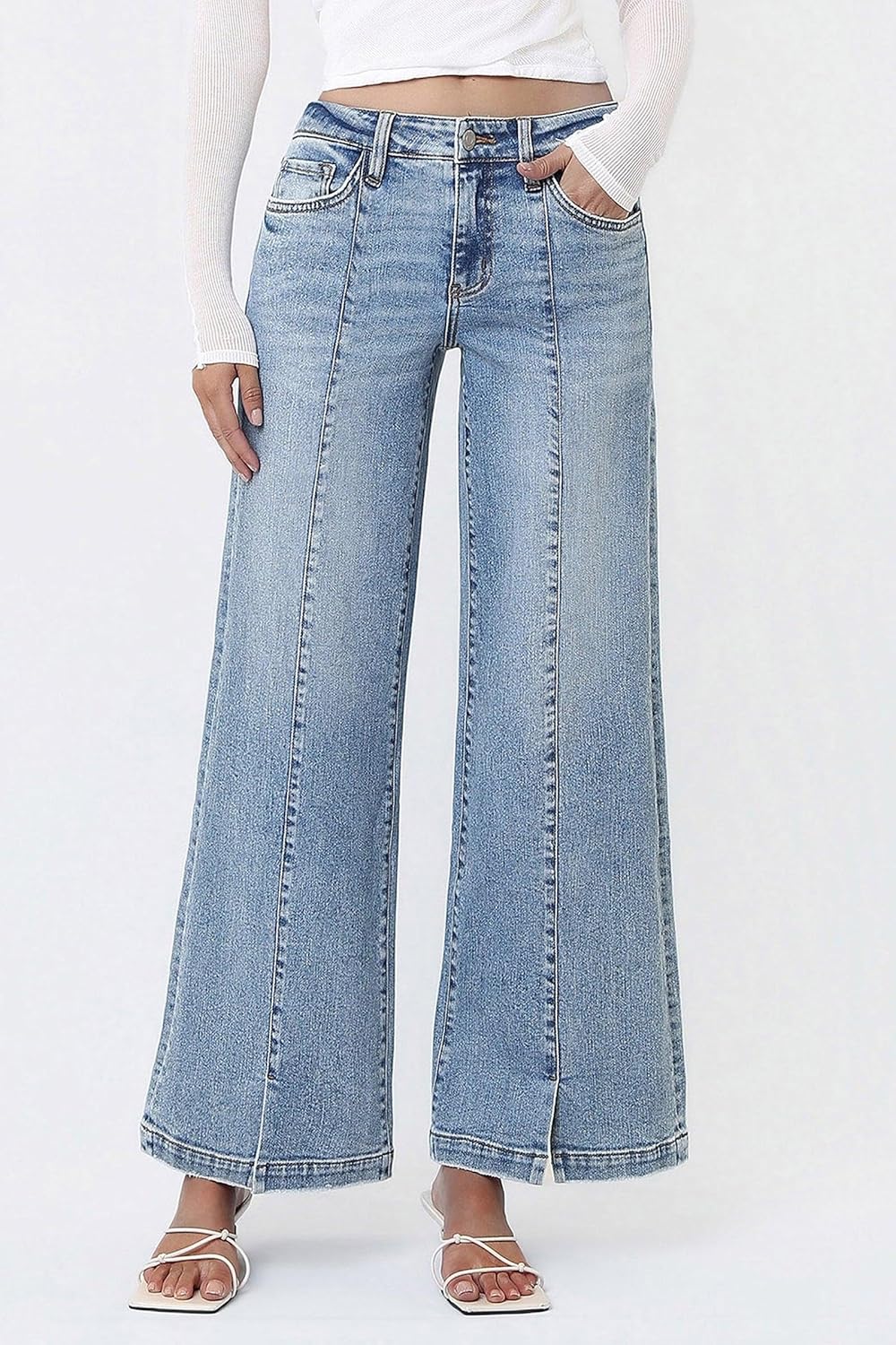 Vervet - Mid-Rise Wide Leg Jeans with Vertical Seam & Front Slit (30" Inseam)- T7225 - Includes Official Tag