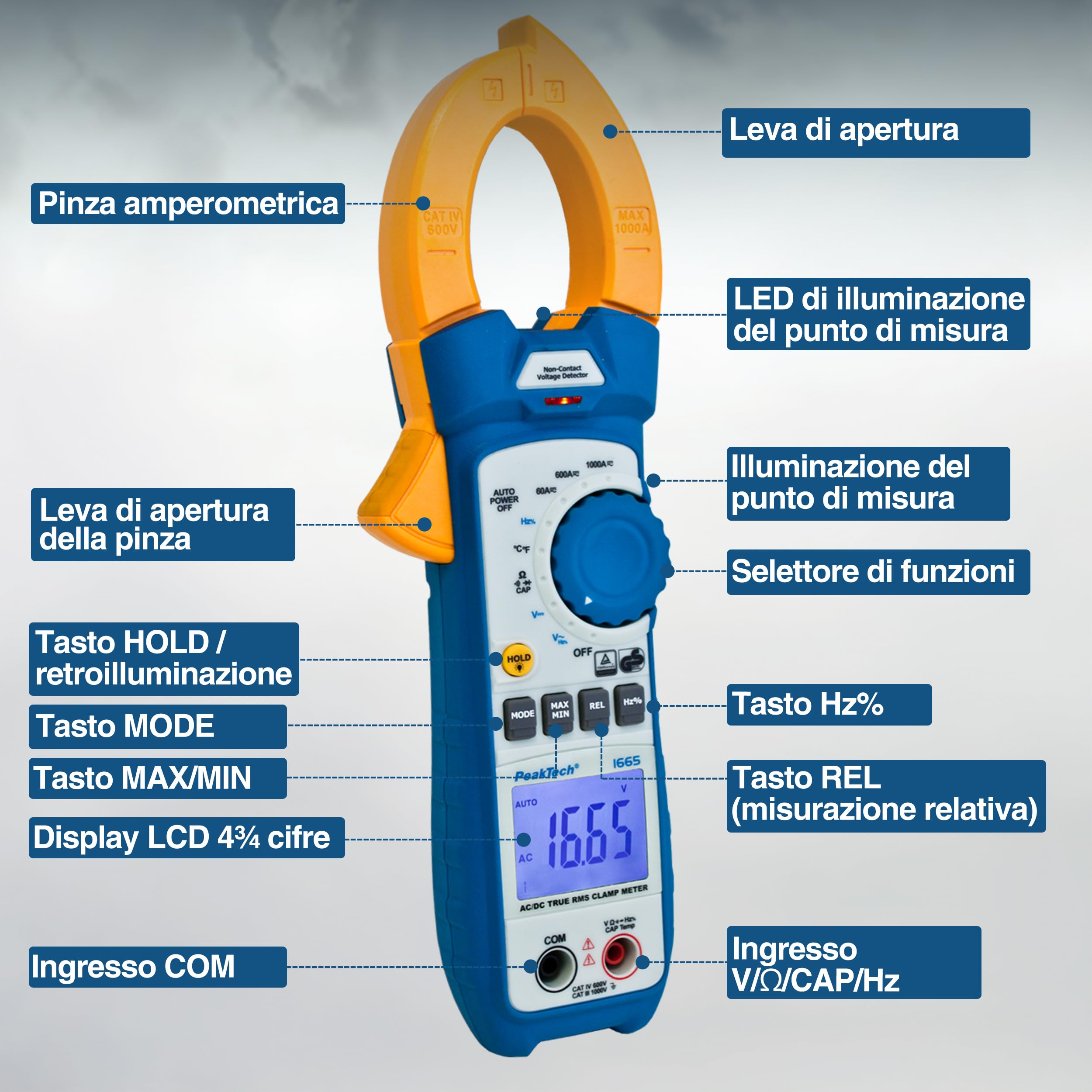 Peaktech P 1665 – Pinza Amperometrica Effettiva 1000A Ac/Dc con Luce LED, 6000 Conteggi, Multimetro Digitale, Tüv/Gs, Pinza Amperometrica, Voltmetro, Amperometro, Tester di Continuità - Max. 600 V