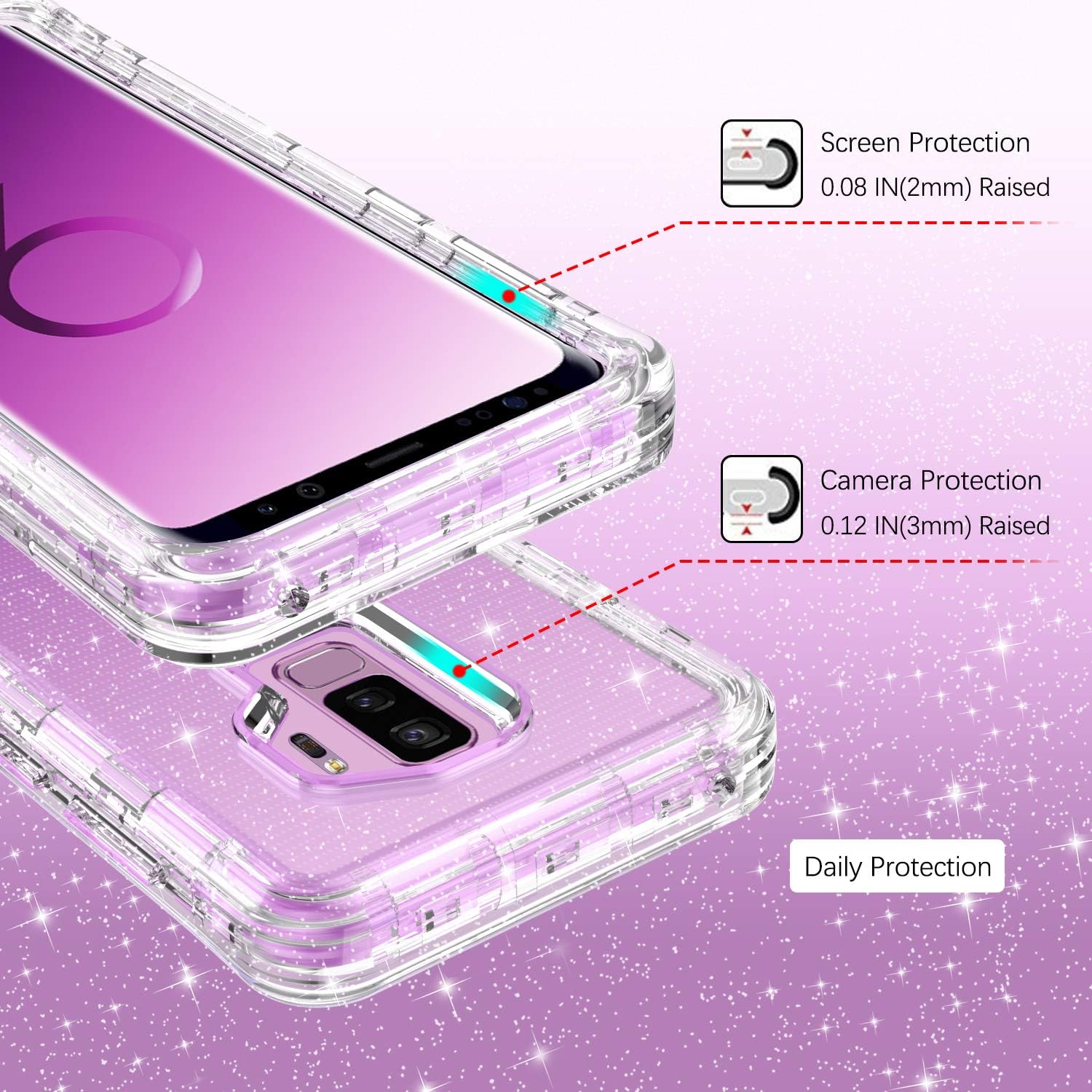 GUAGUA Galaxy S9 Plus Case Samsung S9 Plus Case Clear Glitter Bling Crystal Shiny Sparkly Cover for Girls Women 3 in 1 Hybrid Shockproof Protective Phone Case for Samsung Galaxy S9 Plus Transparent