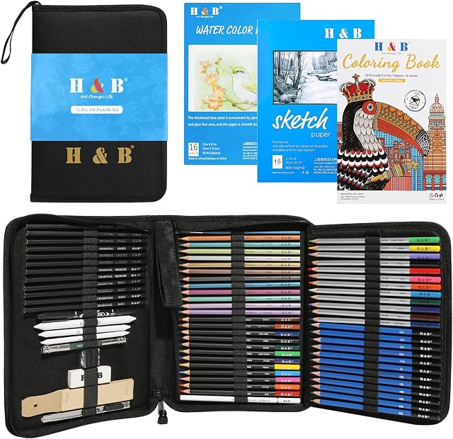 75Pcs Drawing Set H & B Colouring Pencils Sketch Set,Drawing Pencils with Watercolor Pencil,Metallic Pencil, Sketchbook ,Art Supplies for Adults Artists Kids Beginners