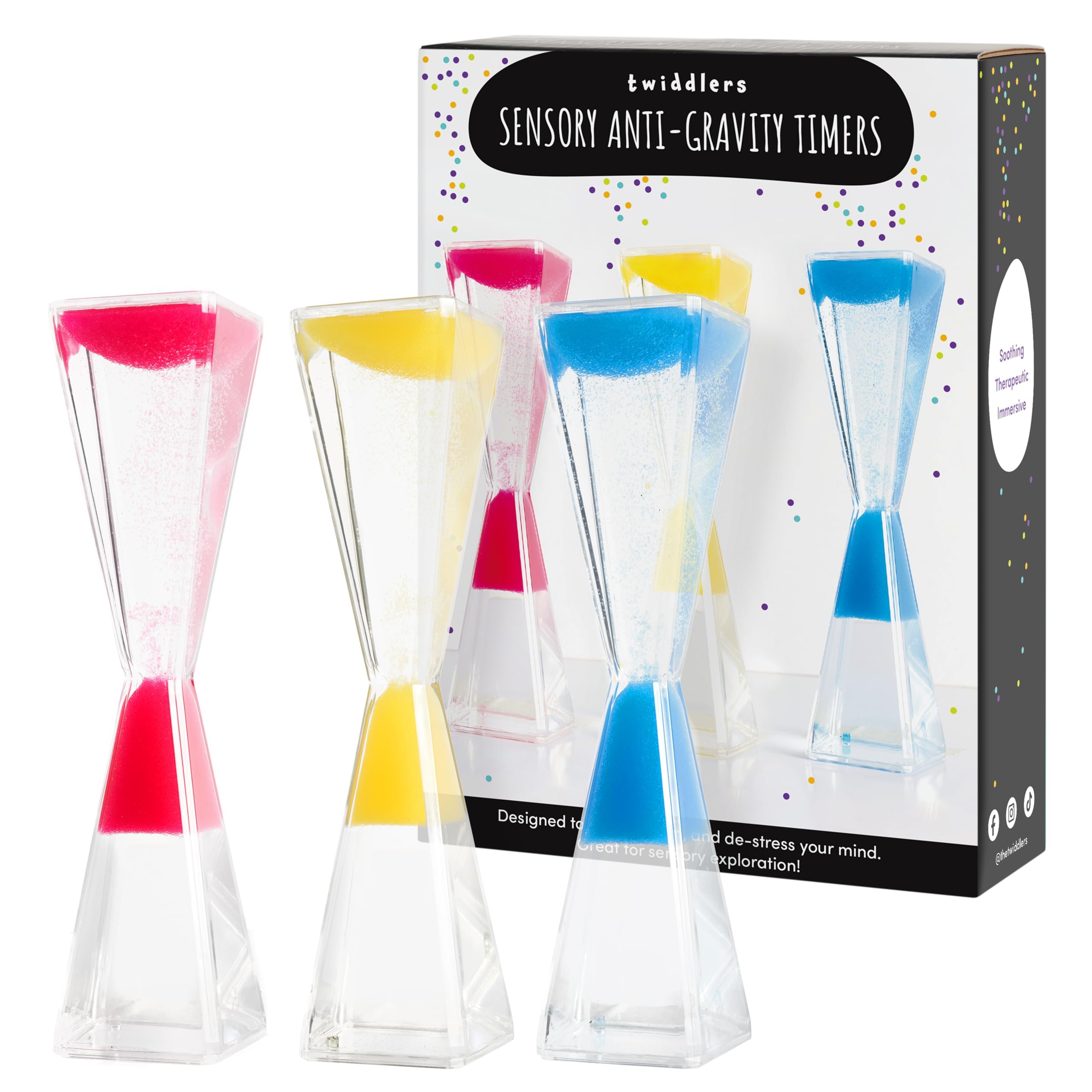 THE TWIDDLERS - 6 Sensory Anti-Gravity Timer Hourglasses - Liquid Motion Timers - (19cm, 3 Colours - Red, Blue, Yellow) - Calming Sensory Toys for Stress Relief