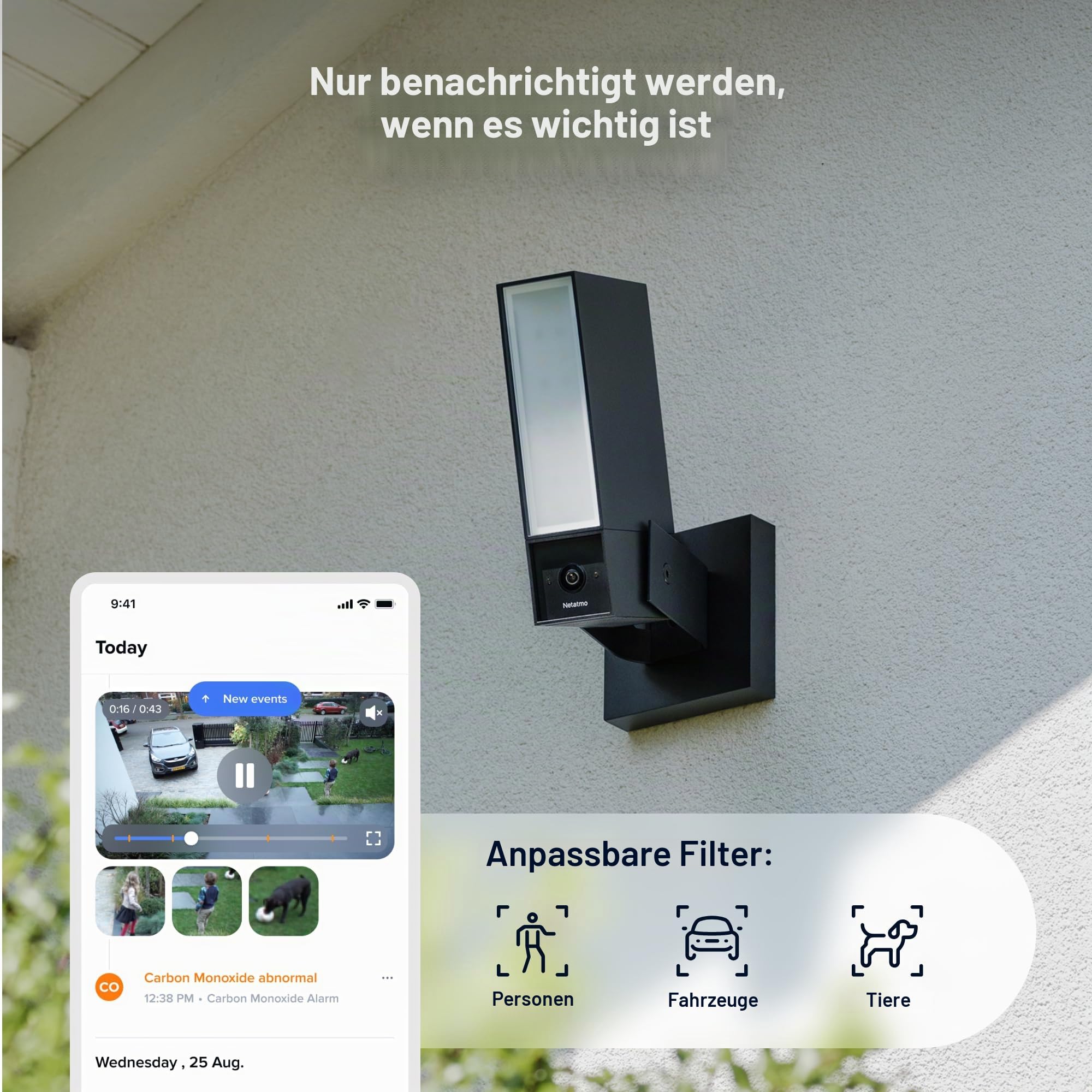 Netatmo Überwachungskamera für den Außenbereich,2SD, WLAN 5 GHz, 2K HDR, KI-Erkennung Personen/Fahrzeuge/Tiere, LED-Flutlicht 12 W, Sirene 105 dB, lokale Speicherung,ohne Abonement,Schwarz, NOC2B-AMZ