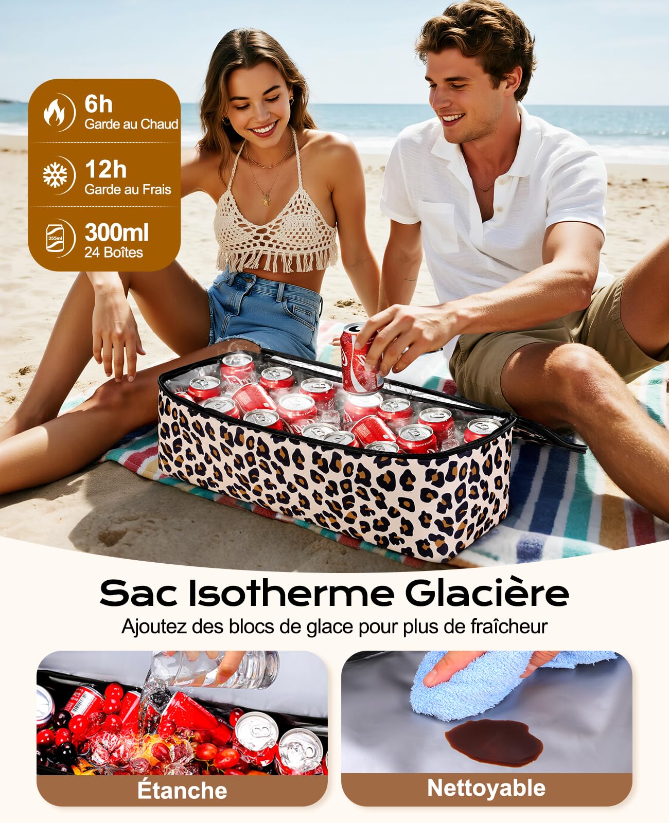 ISEYOU Sac de Plage XXL, Grand Sacs de Plage Femme avec Démontable Sac Isotherme, Multi-Poches Pliable Imperméable Sacs Plage avec Fermeture Éclair pour Piscine Voyages Vacances Pique-nique Gym 49L