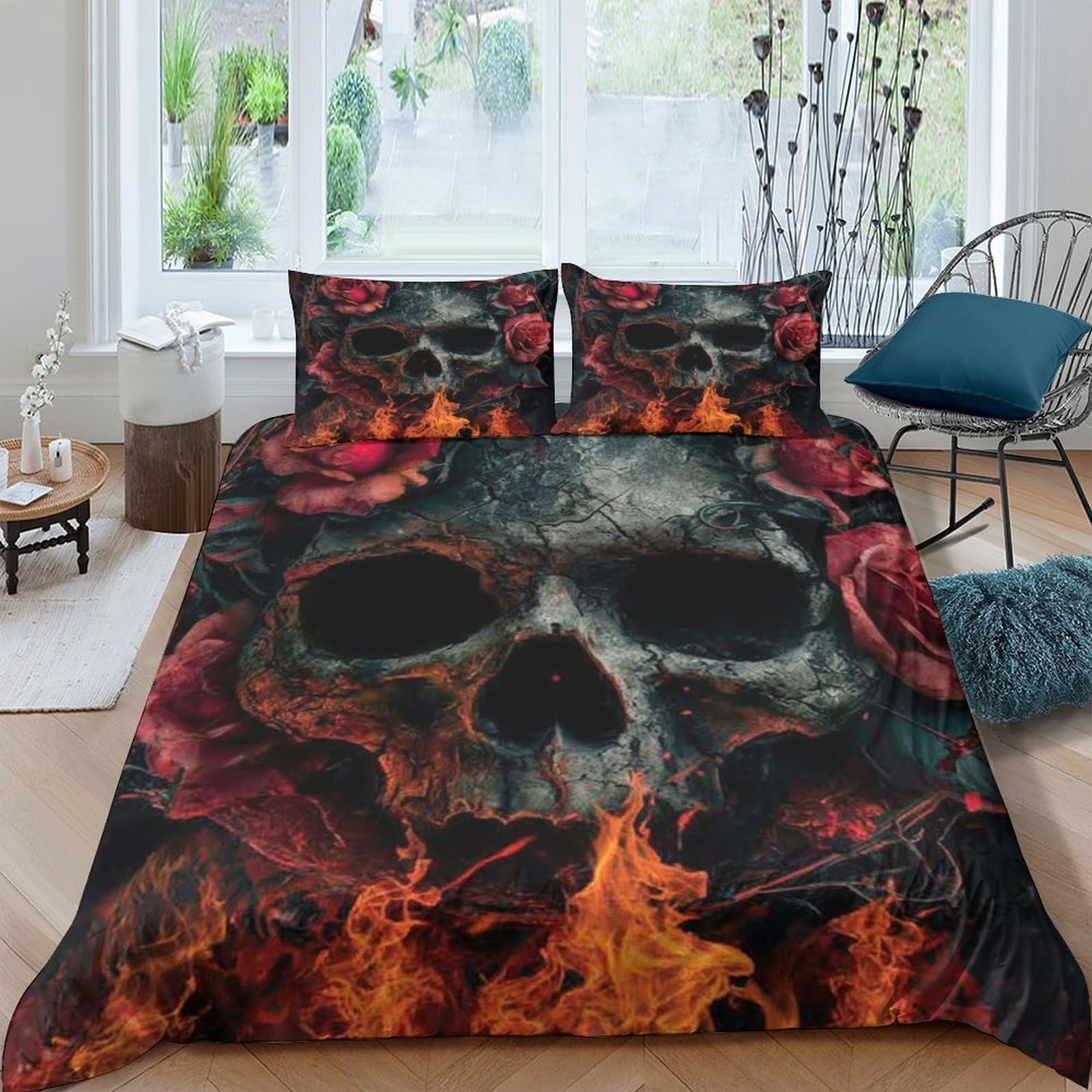 GPLZQXKJNH 3D Printed Skull Flame Duvet Cover Microfiber Soft Breathable Gothic Fire Pattern Bedding Set with 2 Pillowcases for Bedroom Home Single（135x200cm）