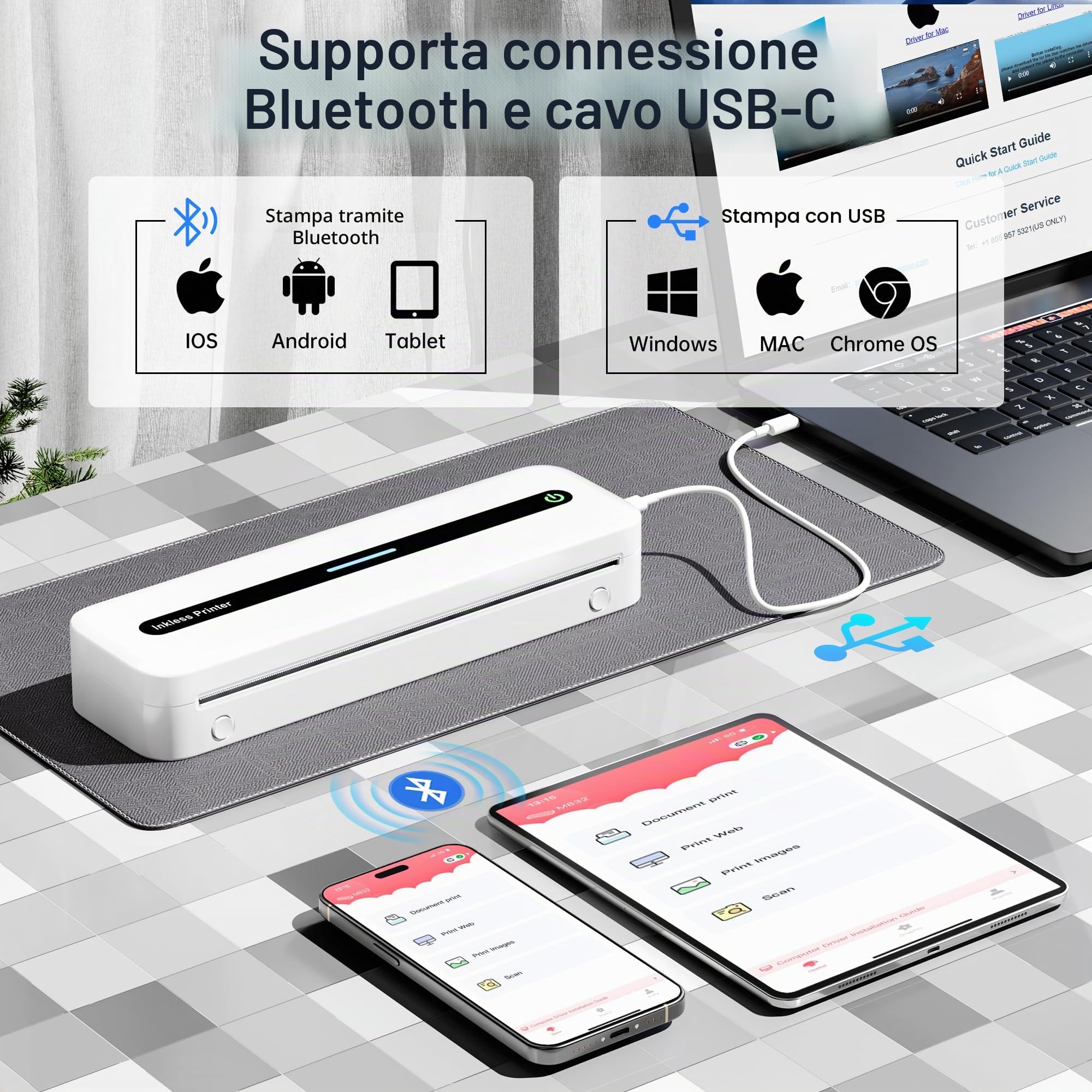 Stampante Termica Portatile A4 Senza Inchiostro Bluetooth Wireless per Smartphone e Laptop