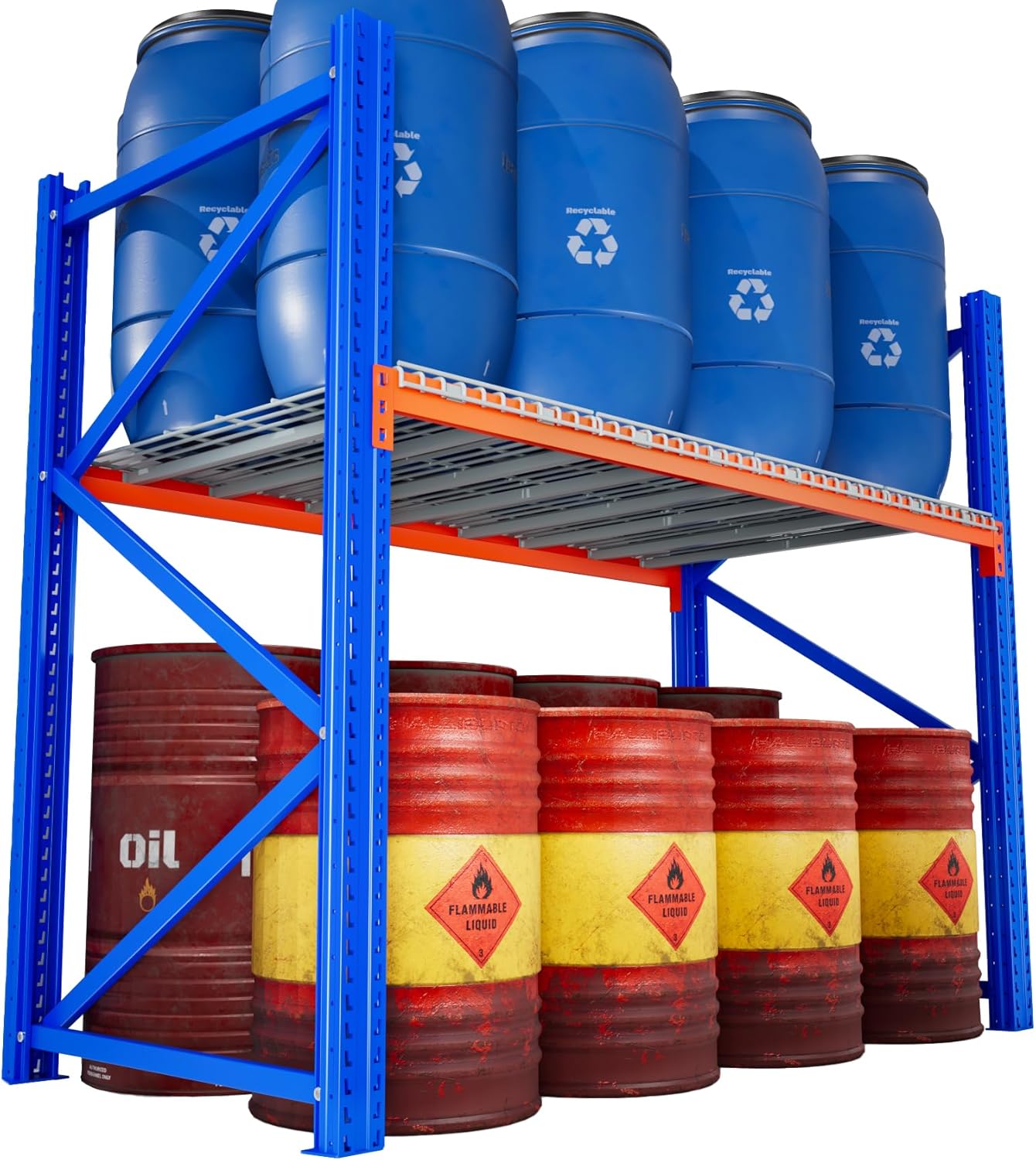 Heavy Duty 2-Tier Industrial Pallet Rack 98.4"W x 47.2"D x 80.3"H, 4400 LBS Per Shelf (8800 LBS Total),Wire Decking, Adjustable Steel Construction,Orange &Blue for Warehouse,Garage,Factory Metal Shelf